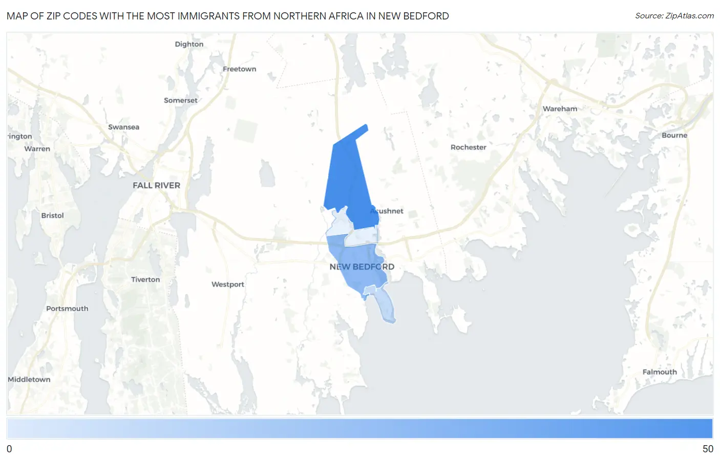 Zip Codes with the Most Immigrants from Northern Africa in New Bedford Map