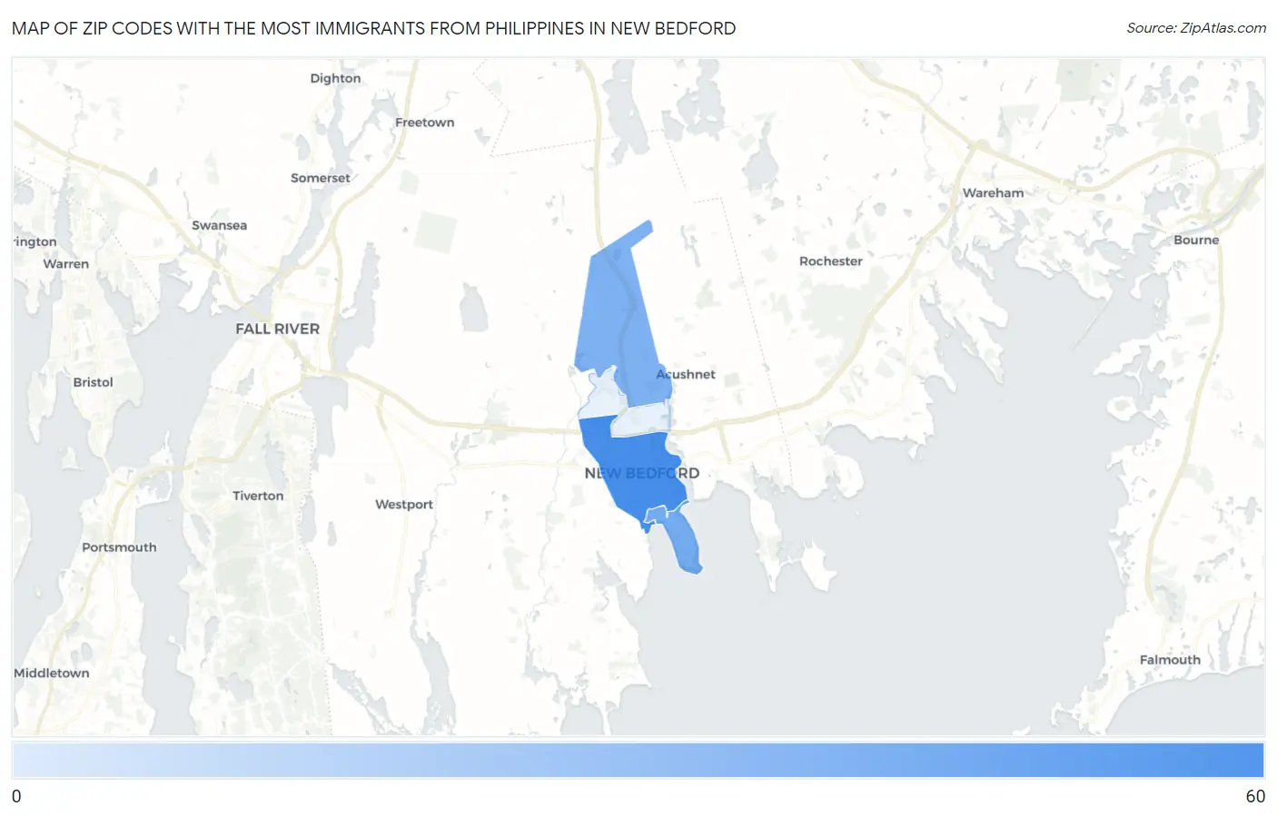 Zip Codes with the Most Immigrants from Philippines in New Bedford Map