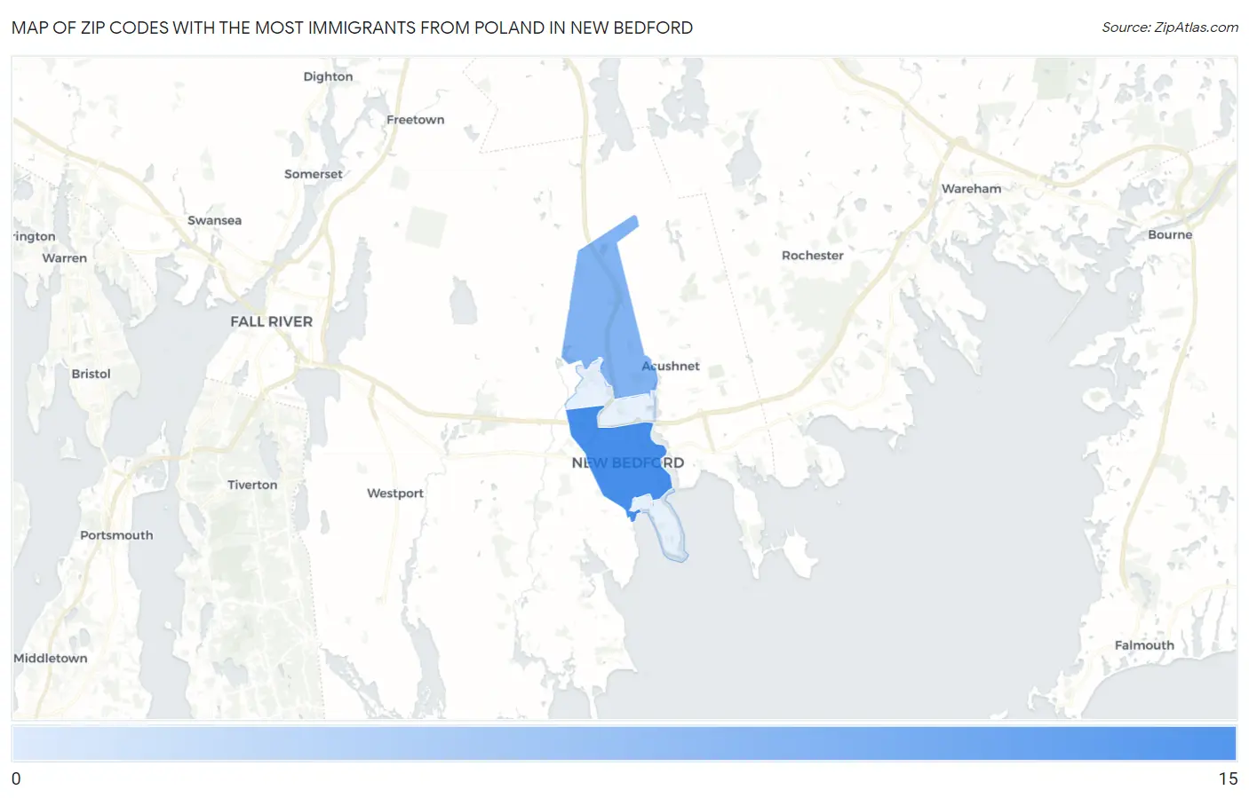 Zip Codes with the Most Immigrants from Poland in New Bedford Map