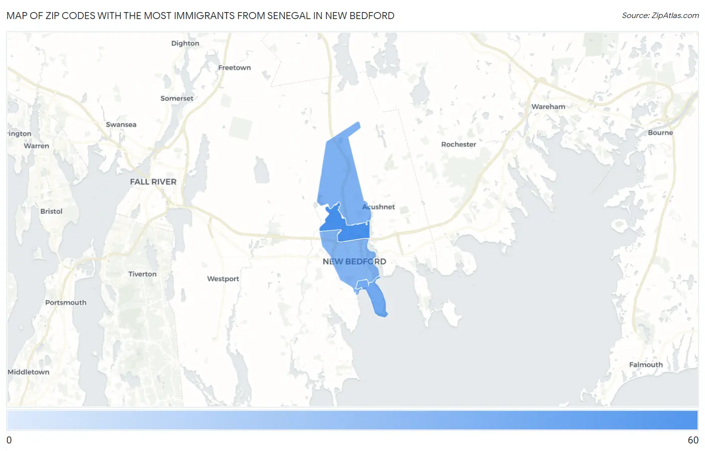 Zip Codes with the Most Immigrants from Senegal in New Bedford Map
