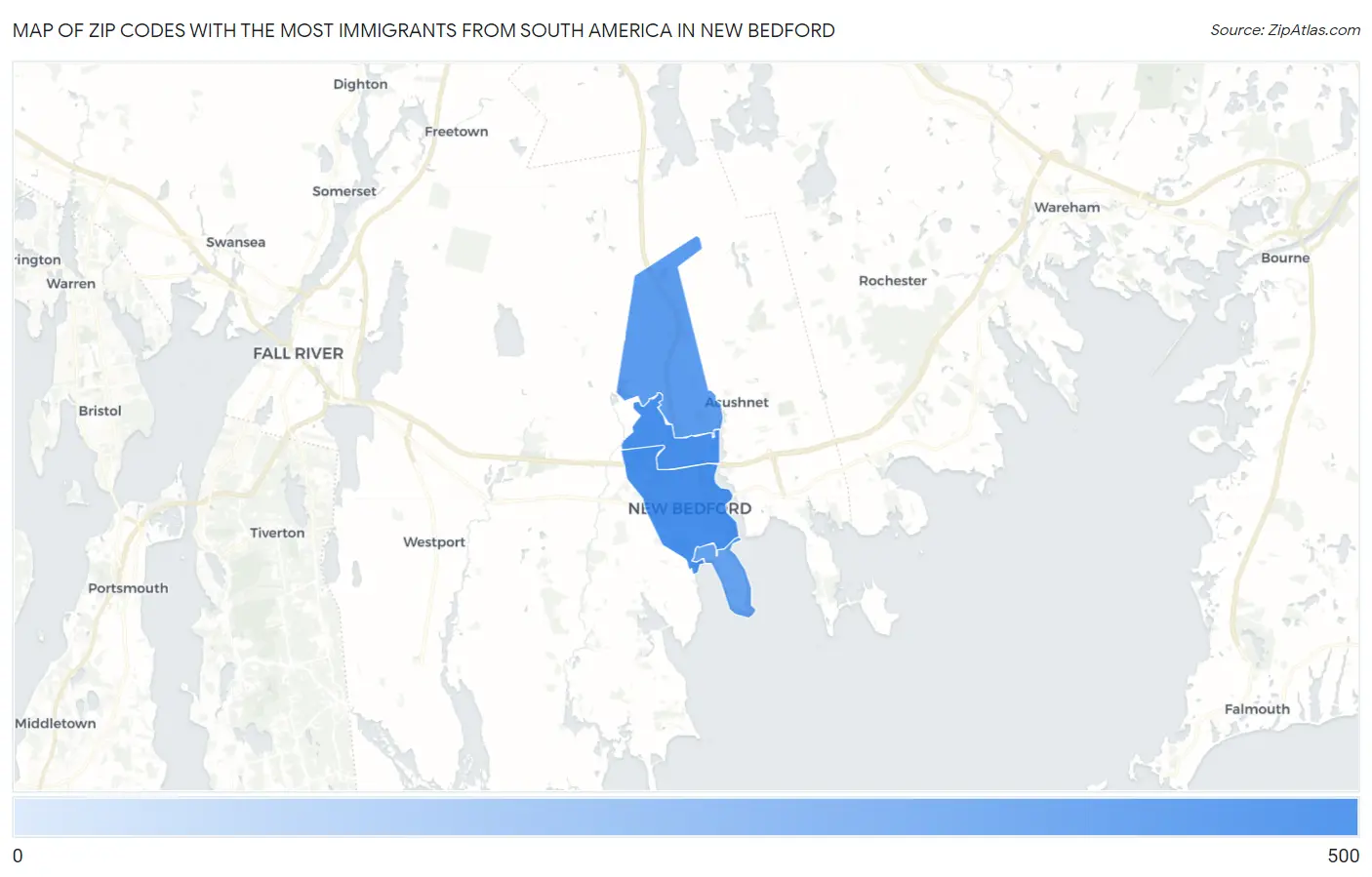 Zip Codes with the Most Immigrants from South America in New Bedford Map