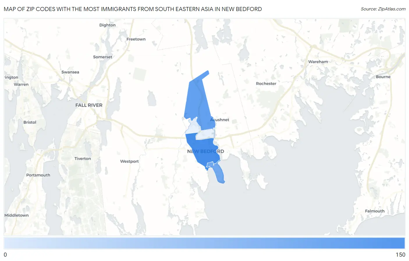 Zip Codes with the Most Immigrants from South Eastern Asia in New Bedford Map