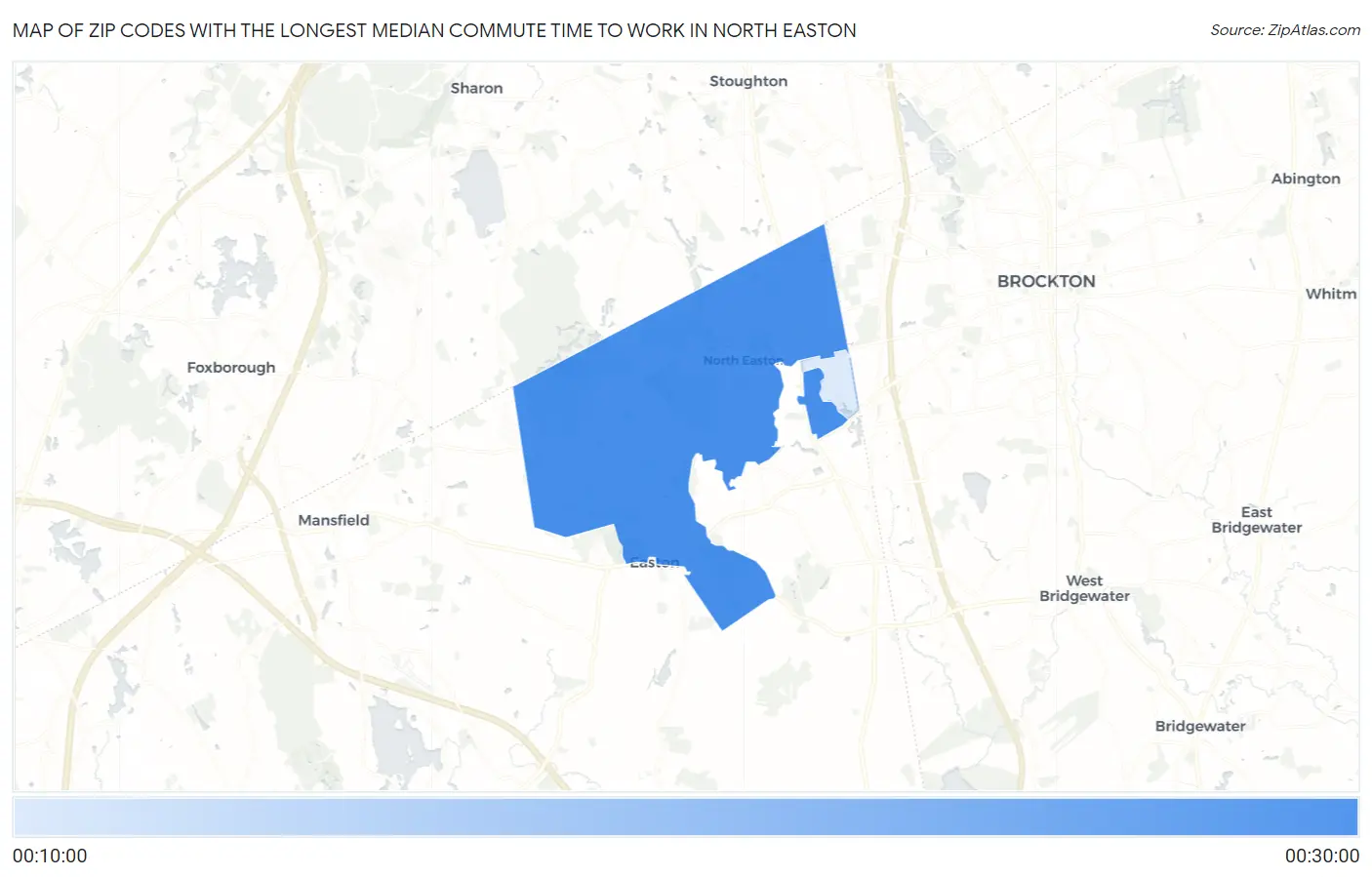 Zip Codes with the Longest Median Commute Time to Work in North Easton Map