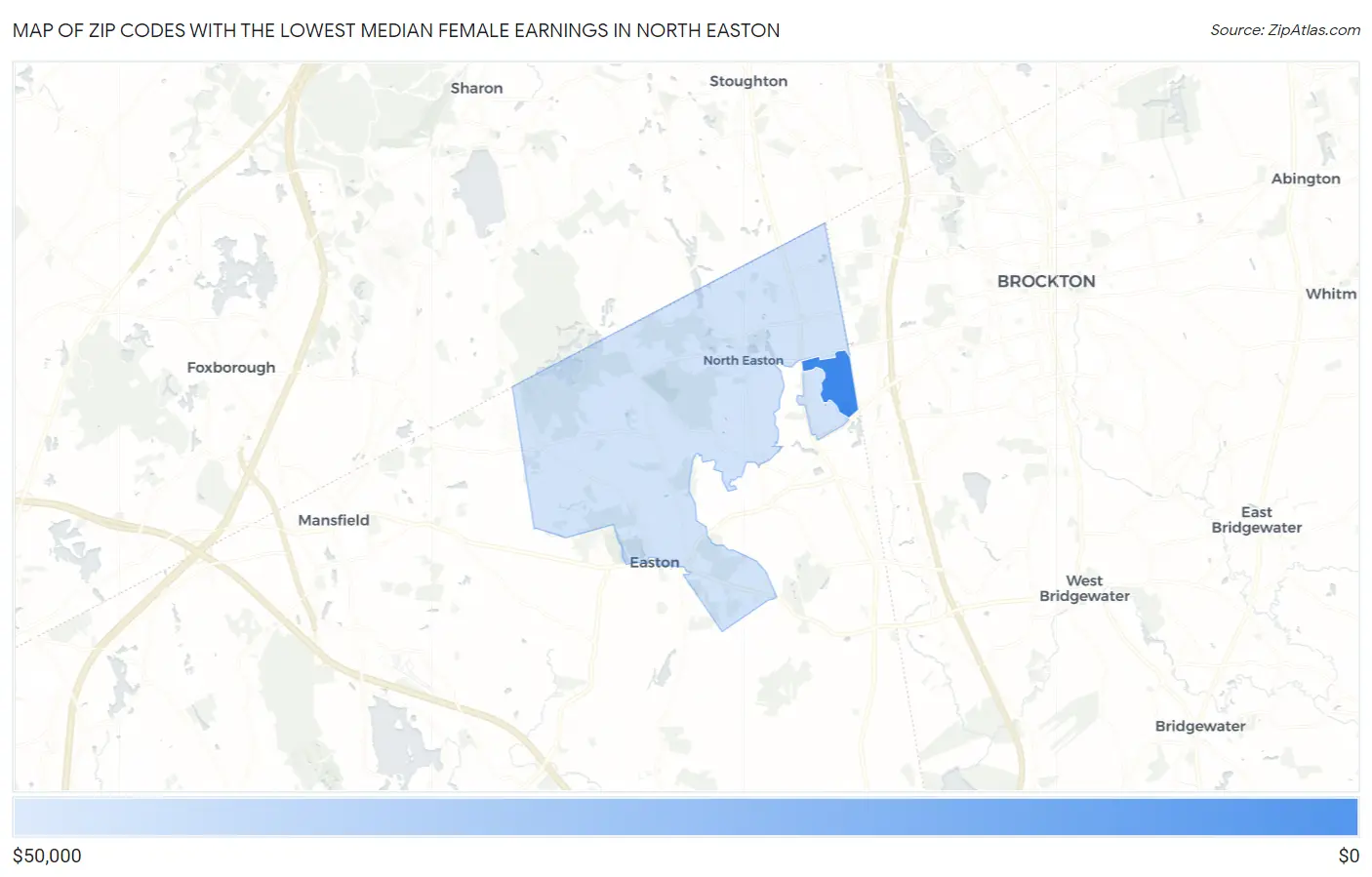 Zip Codes with the Lowest Median Female Earnings in North Easton Map