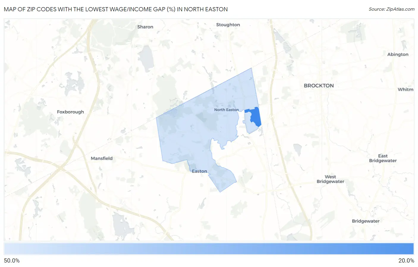Zip Codes with the Lowest Wage/Income Gap (%) in North Easton Map