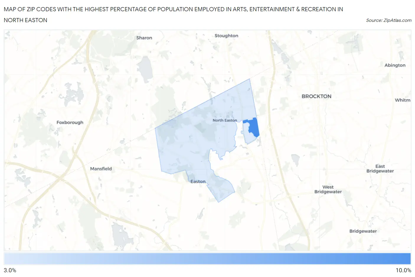 Zip Codes with the Highest Percentage of Population Employed in Arts, Entertainment & Recreation in North Easton Map