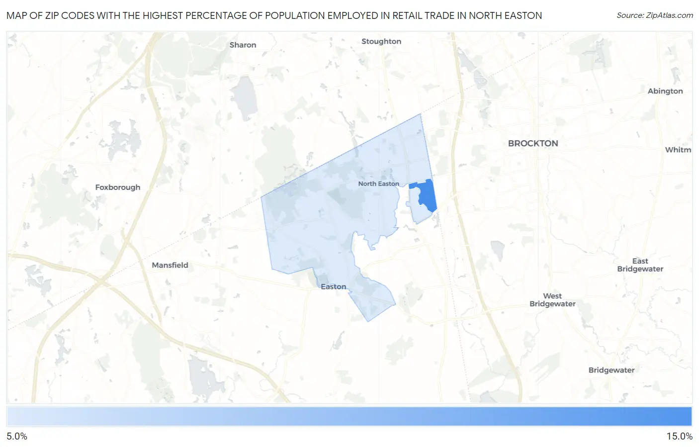 Zip Codes with the Highest Percentage of Population Employed in Retail Trade in North Easton Map