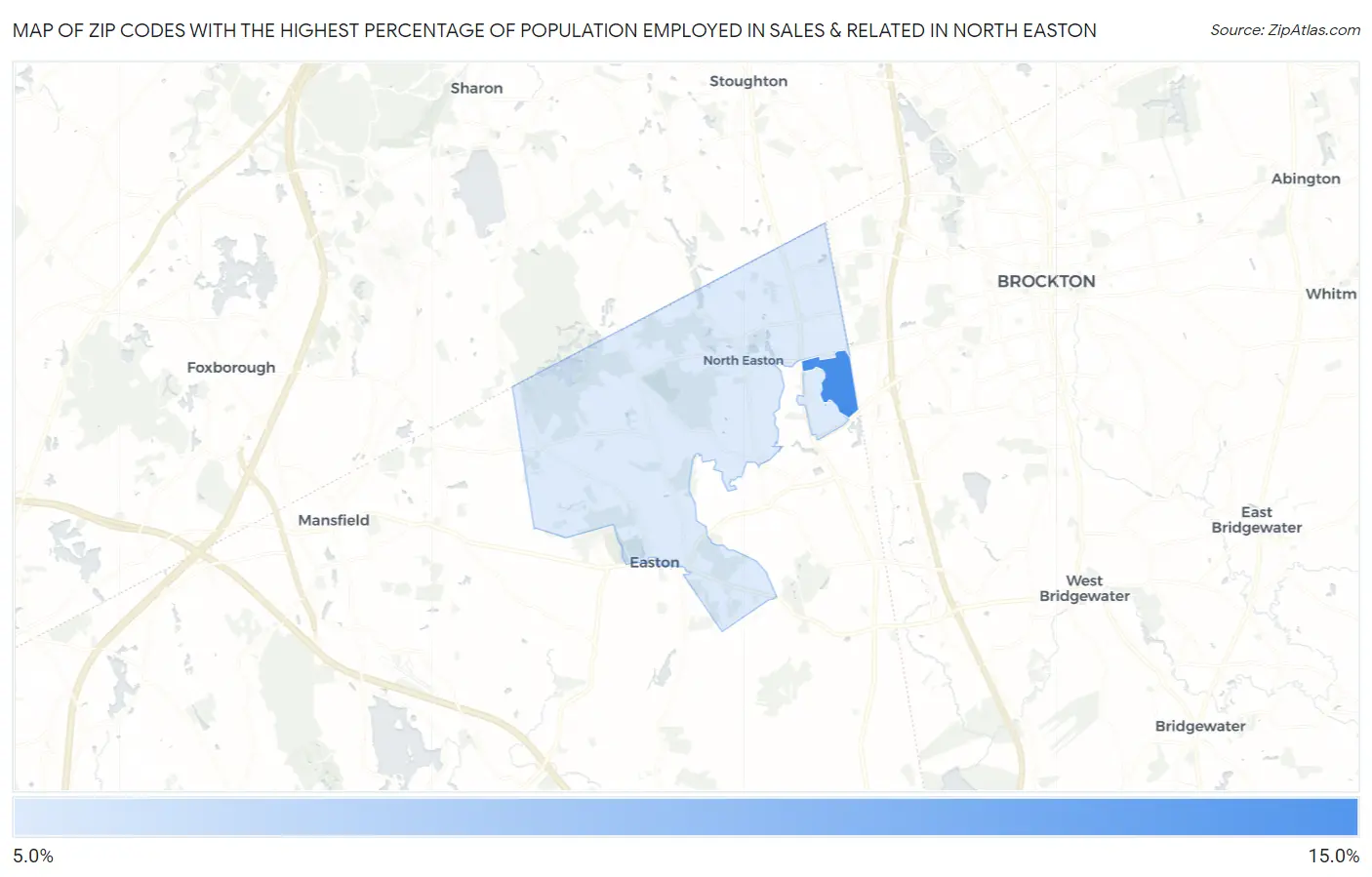 Zip Codes with the Highest Percentage of Population Employed in Sales & Related in North Easton Map