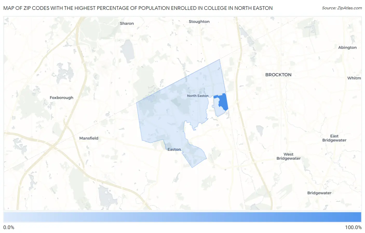 Zip Codes with the Highest Percentage of Population Enrolled in College in North Easton Map