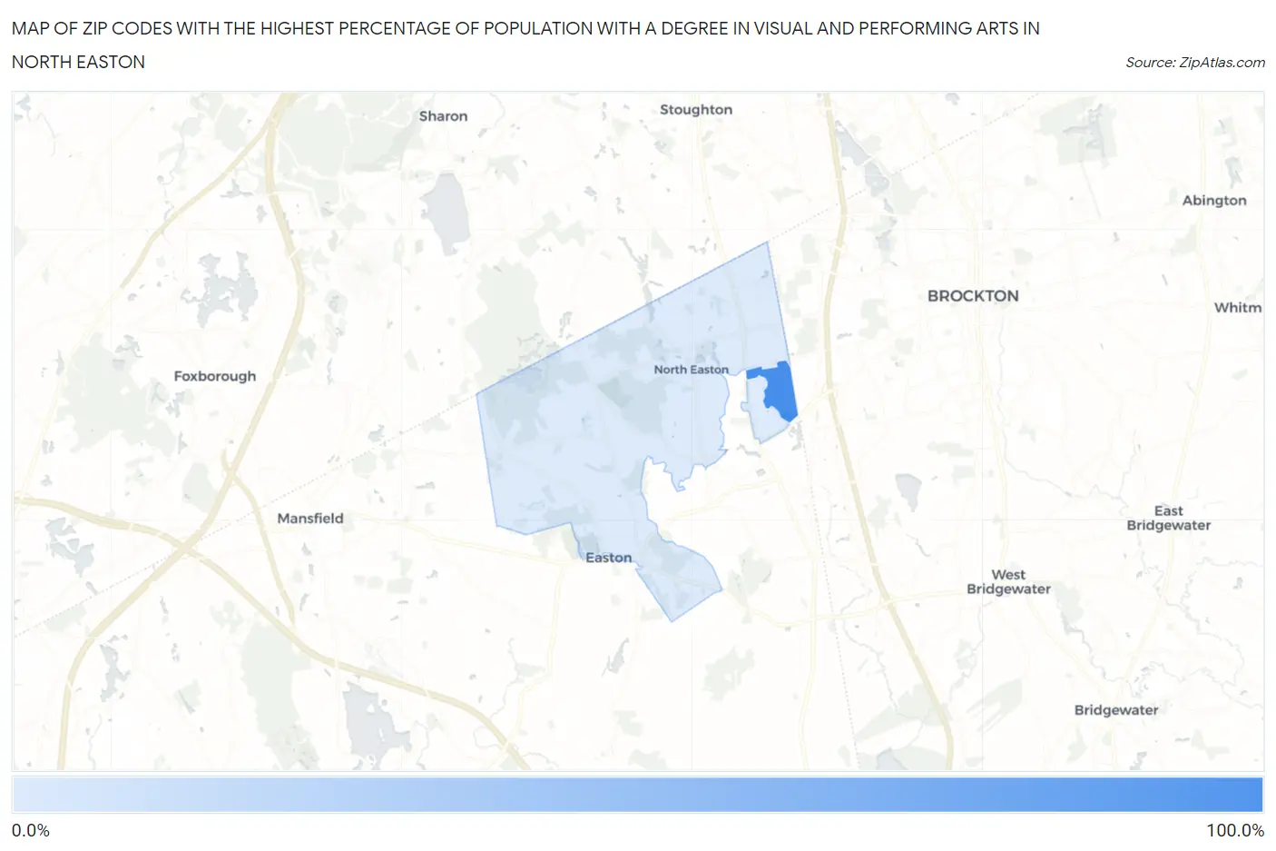 Zip Codes with the Highest Percentage of Population with a Degree in Visual and Performing Arts in North Easton Map