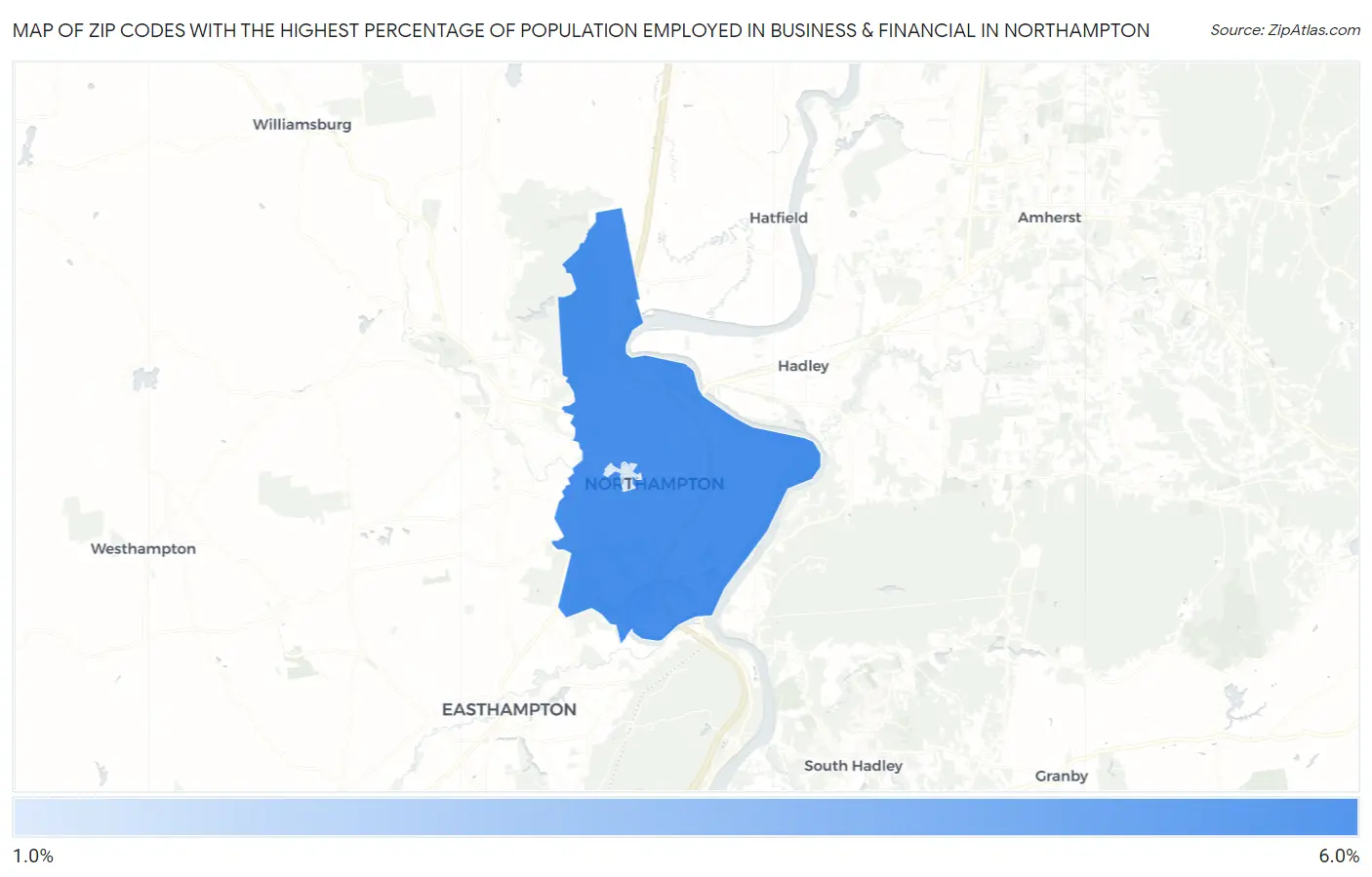 Zip Codes with the Highest Percentage of Population Employed in Business & Financial in Northampton Map