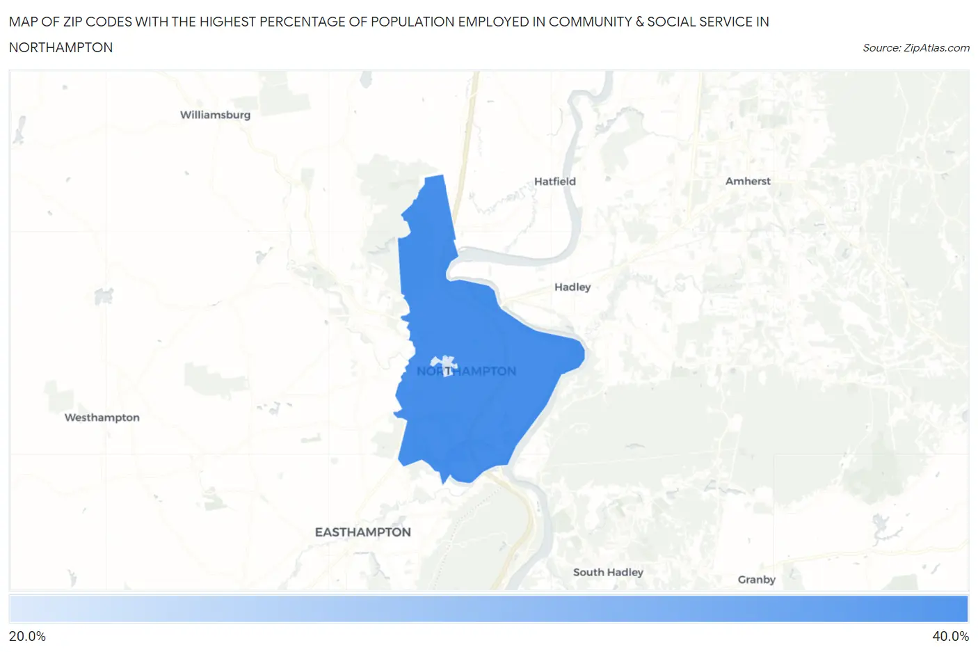 Zip Codes with the Highest Percentage of Population Employed in Community & Social Service  in Northampton Map