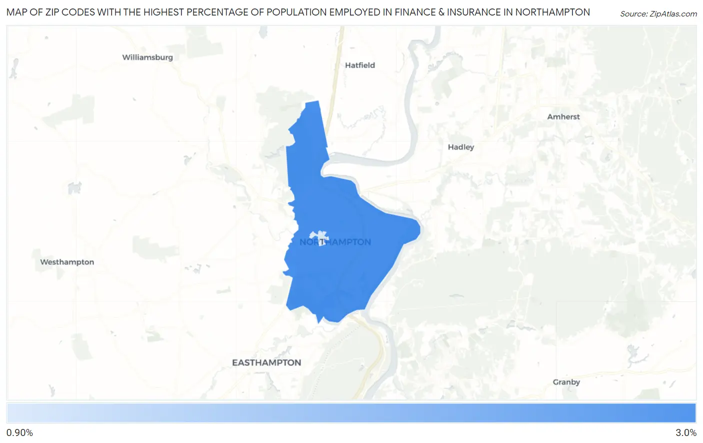 Zip Codes with the Highest Percentage of Population Employed in Finance & Insurance in Northampton Map