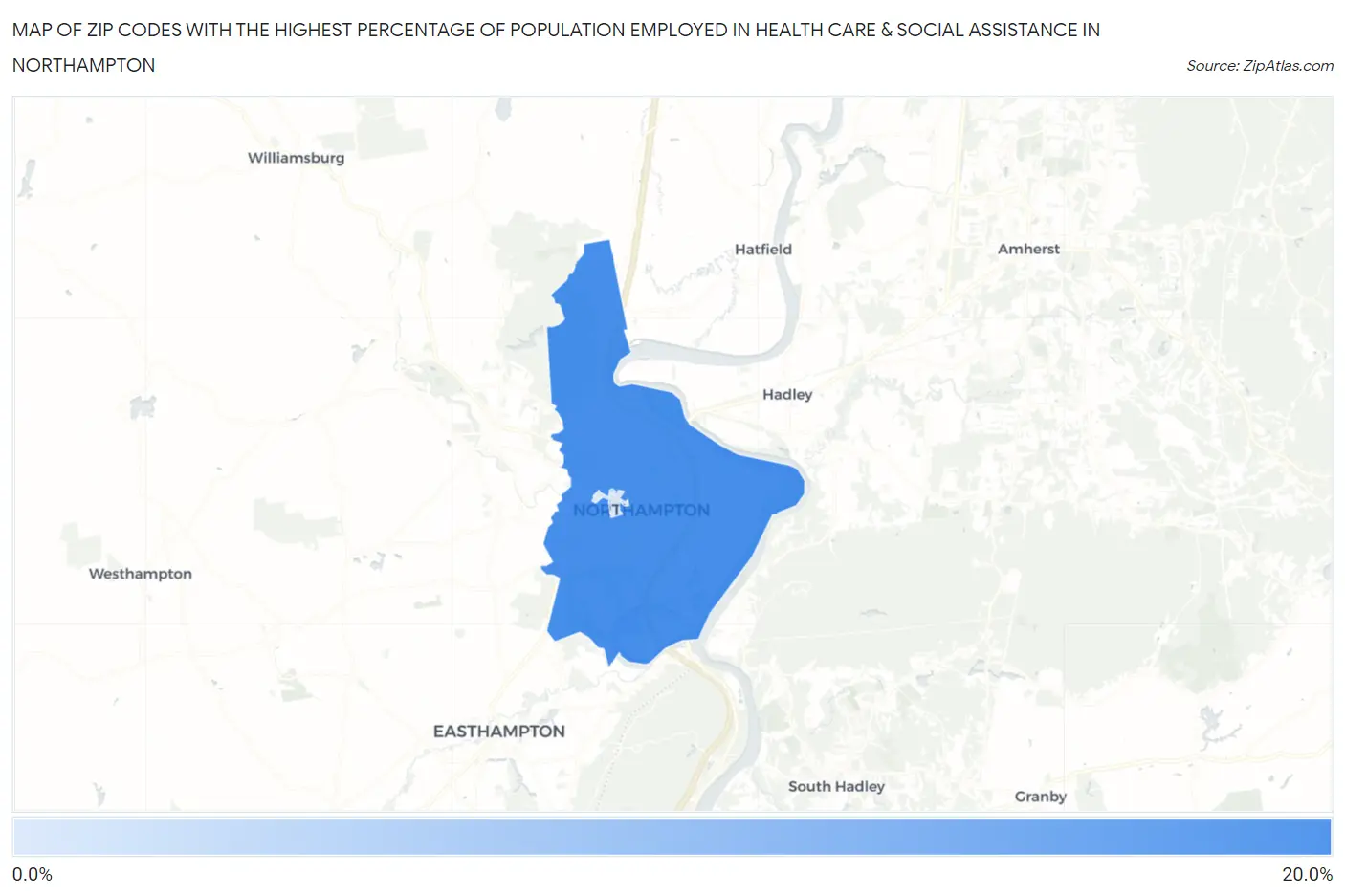 Zip Codes with the Highest Percentage of Population Employed in Health Care & Social Assistance in Northampton Map