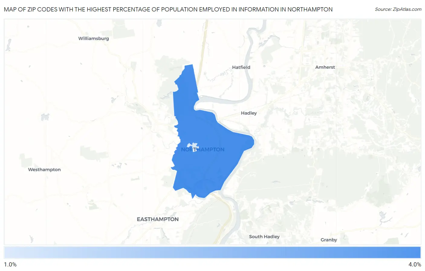 Zip Codes with the Highest Percentage of Population Employed in Information in Northampton Map