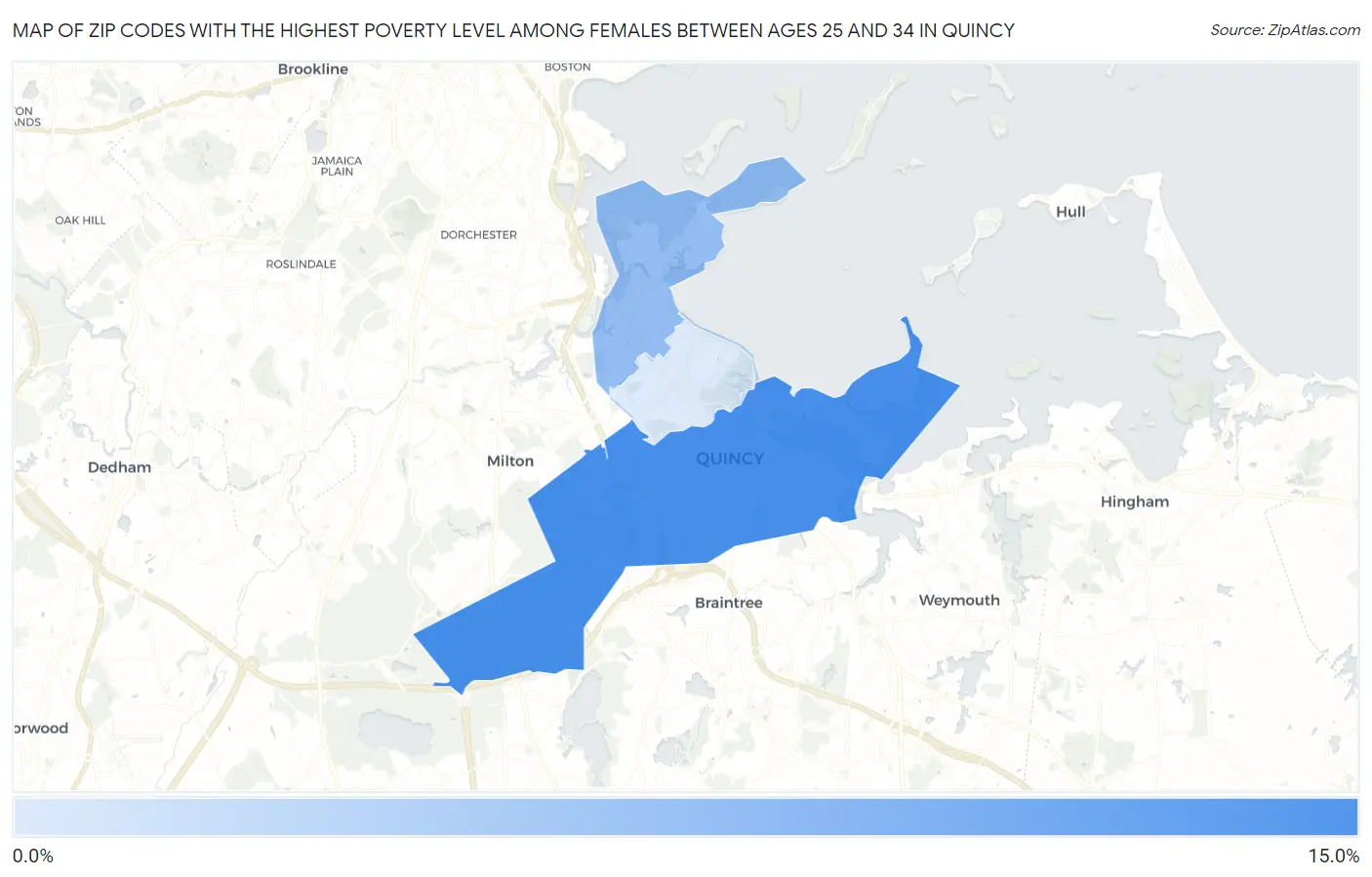 Zip Codes with the Highest Poverty Level Among Females Between Ages 25 and 34 in Quincy Map