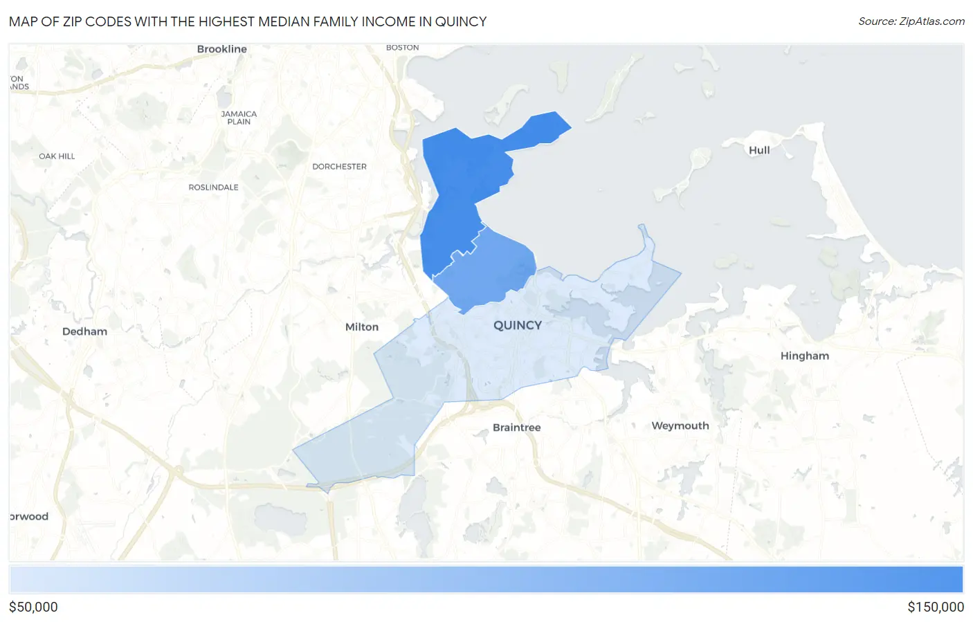 Zip Codes with the Highest Median Family Income in Quincy Map