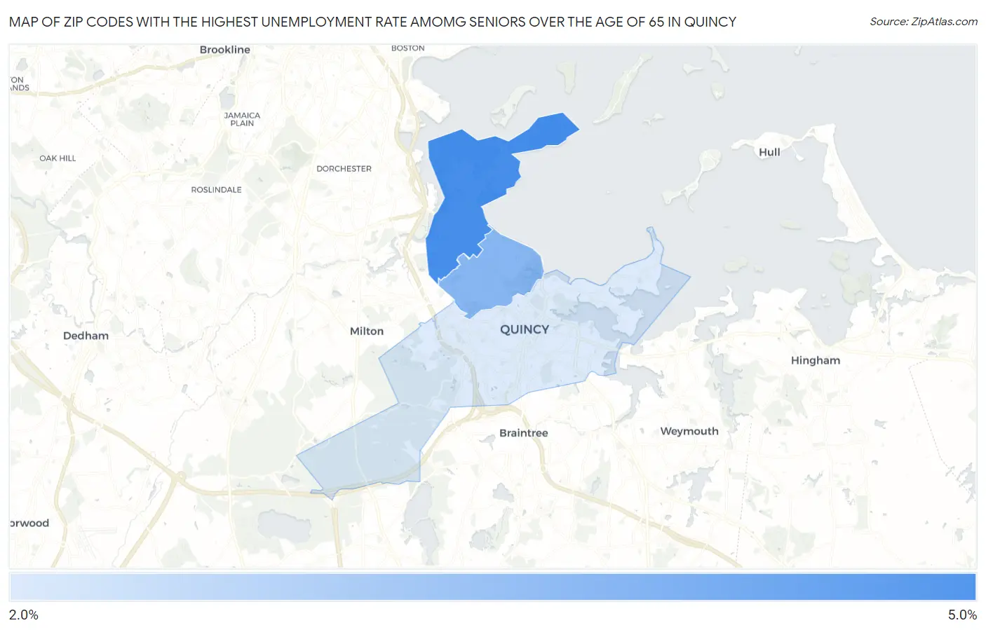 Zip Codes with the Highest Unemployment Rate Amomg Seniors Over the Age of 65 in Quincy Map