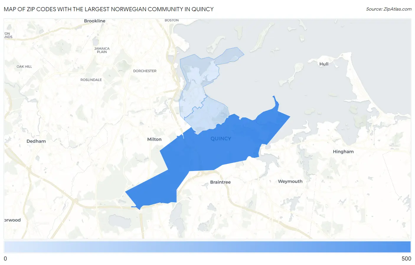 Zip Codes with the Largest Norwegian Community in Quincy Map