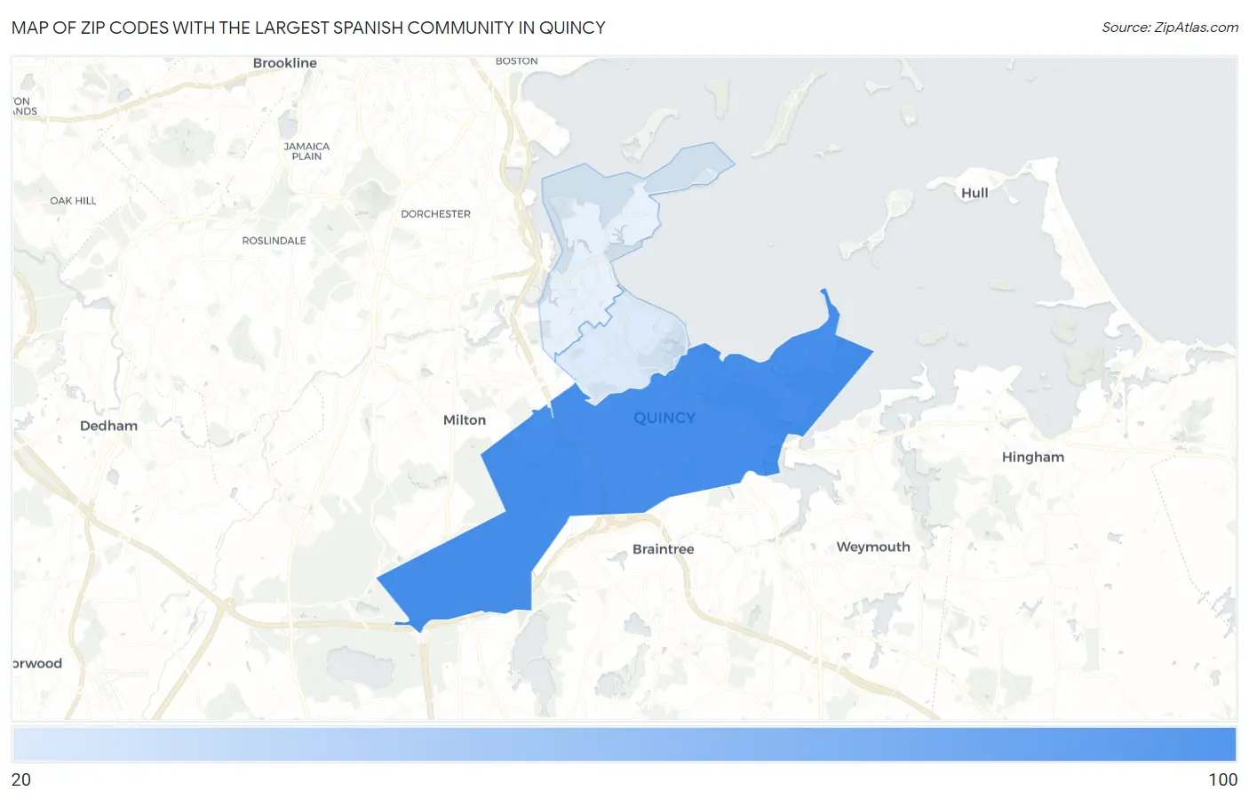 Zip Codes with the Largest Spanish Community in Quincy Map