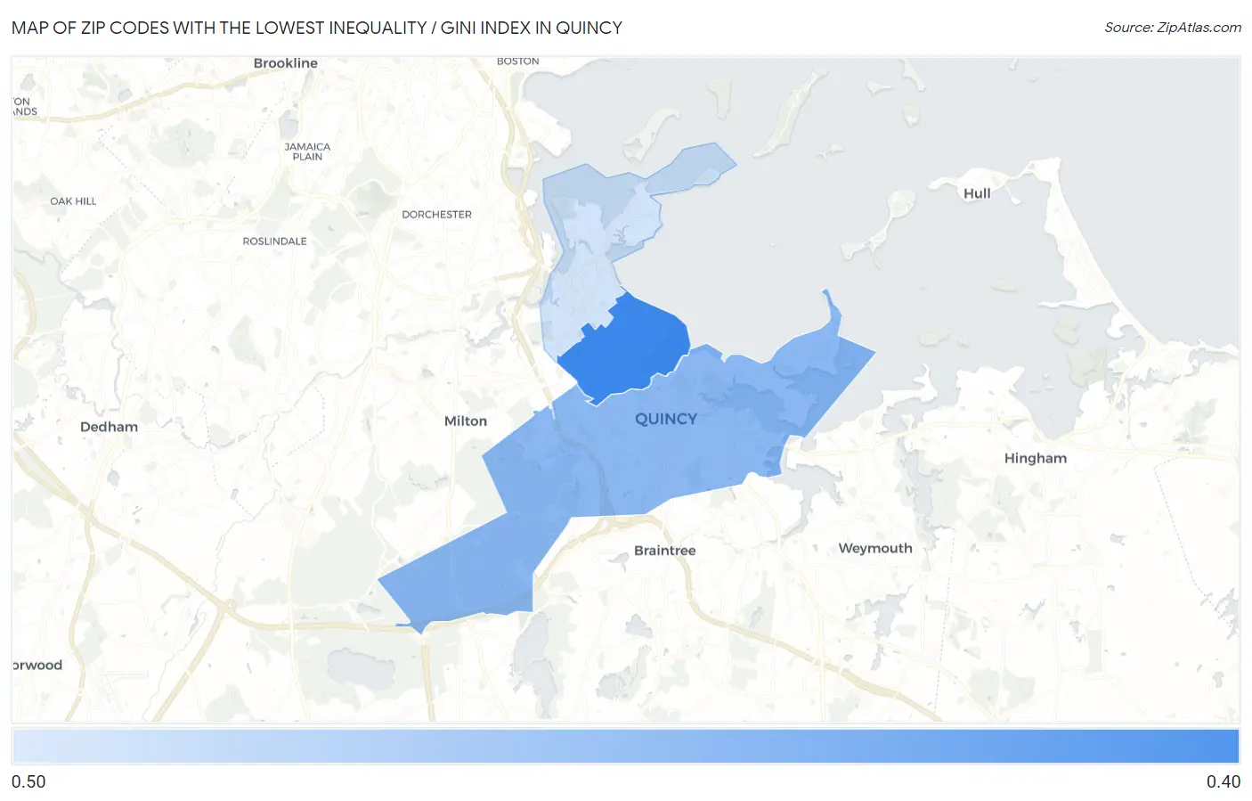 Zip Codes with the Lowest Inequality / Gini Index in Quincy Map