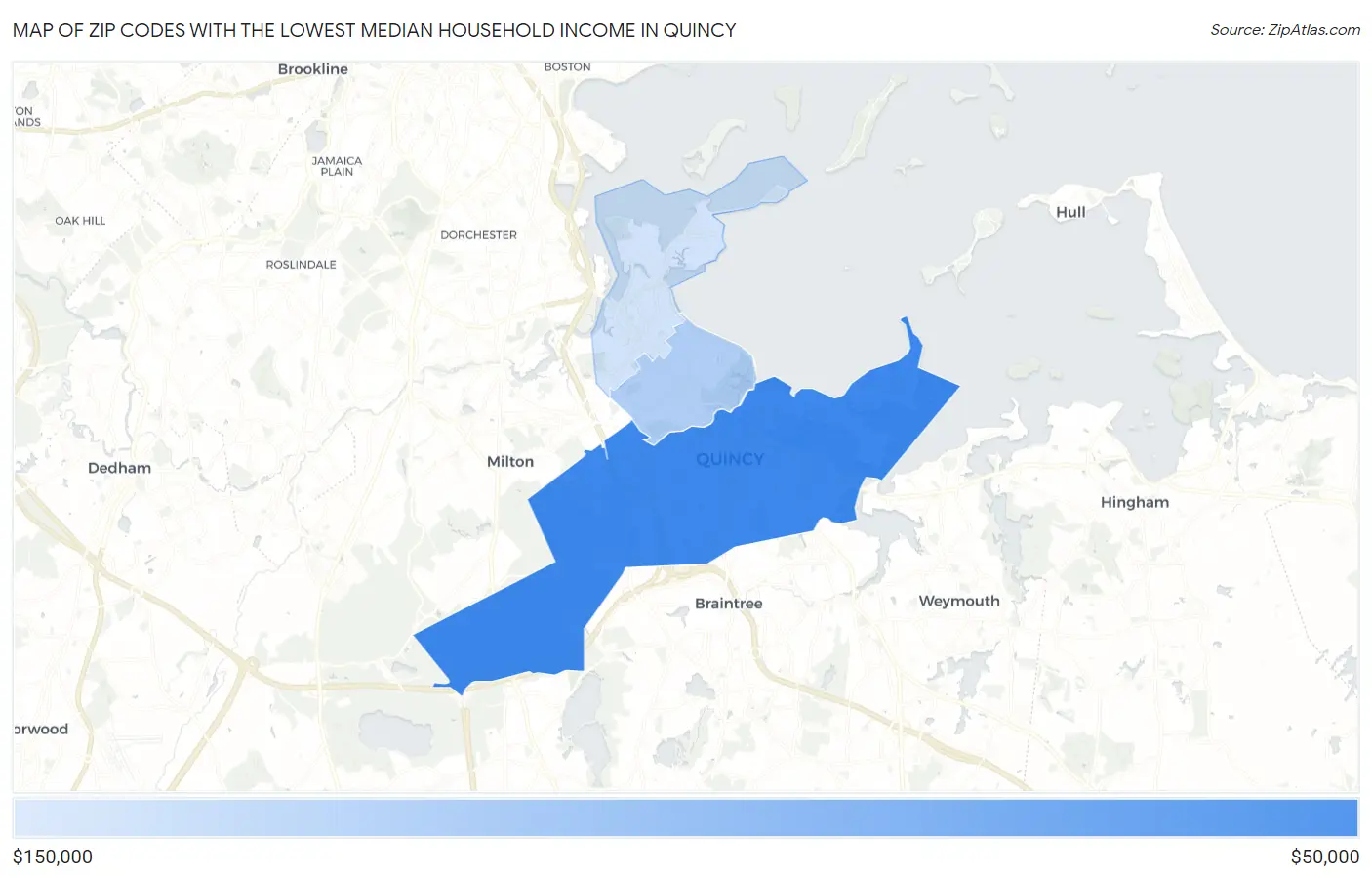 Zip Codes with the Lowest Median Household Income in Quincy Map