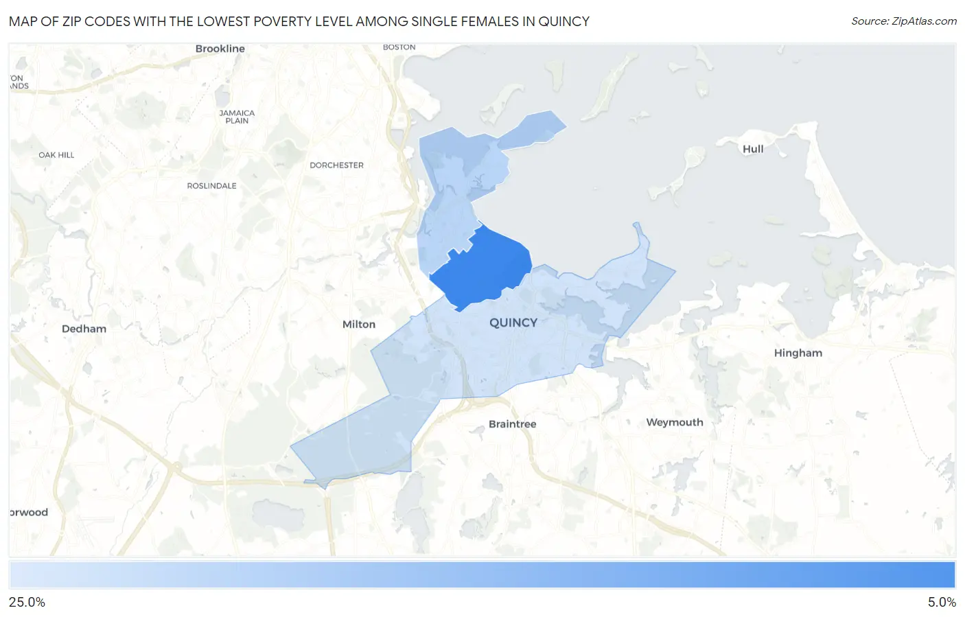 Zip Codes with the Lowest Poverty Level Among Single Females in Quincy Map