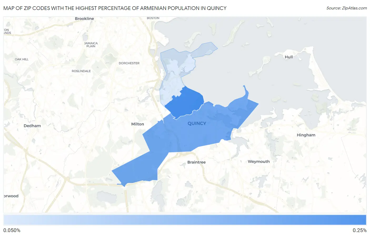 Zip Codes with the Highest Percentage of Armenian Population in Quincy Map