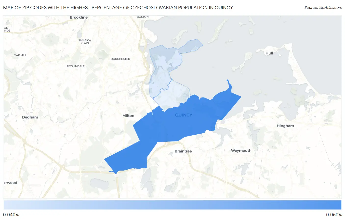 Zip Codes with the Highest Percentage of Czechoslovakian Population in Quincy Map