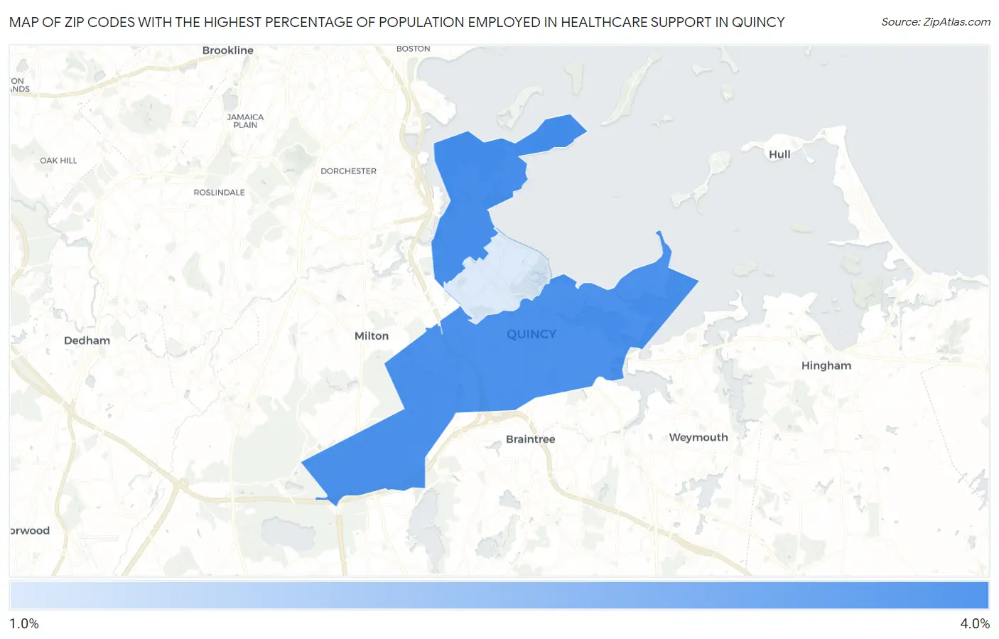 Zip Codes with the Highest Percentage of Population Employed in Healthcare Support in Quincy Map