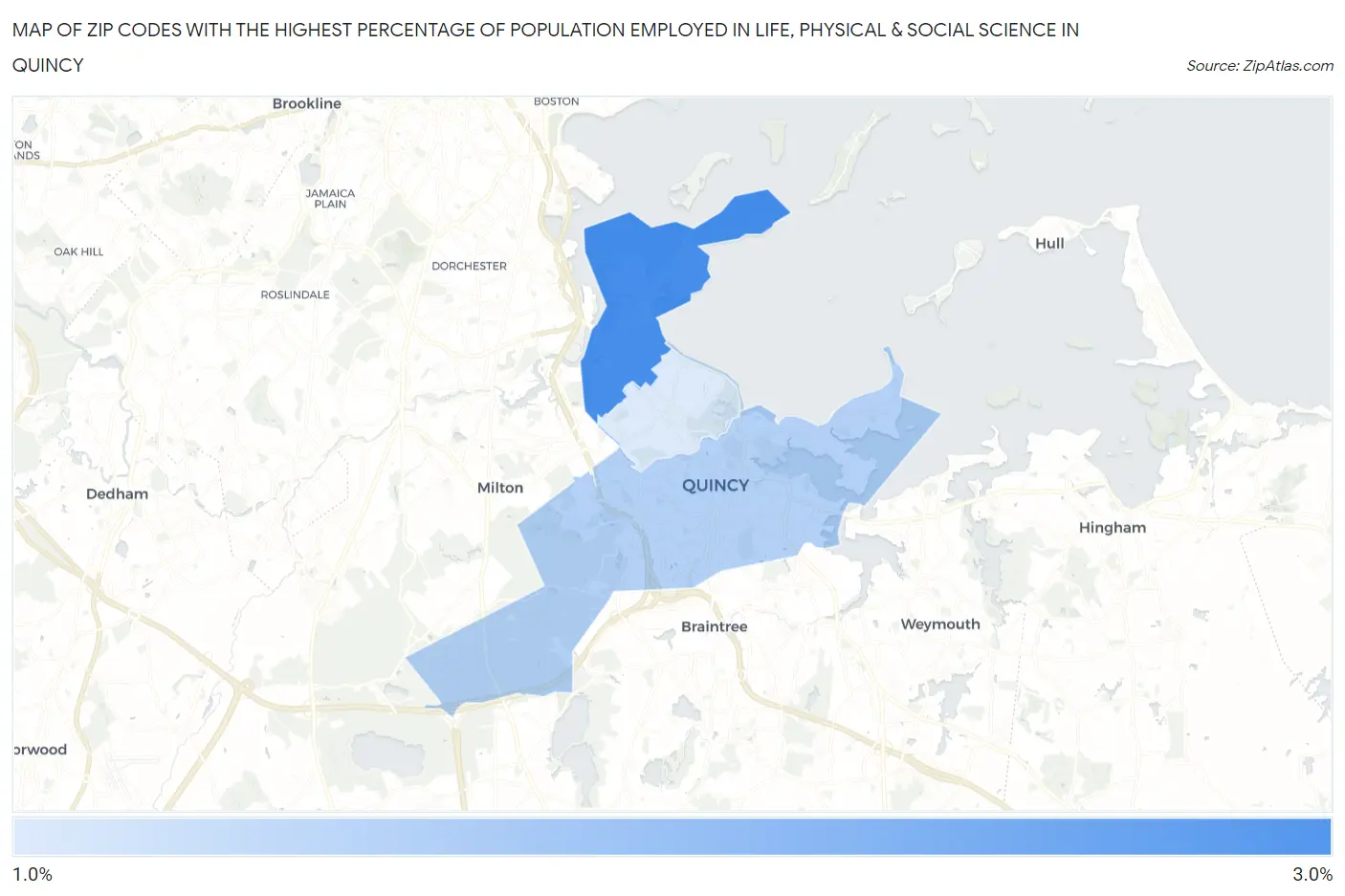 Zip Codes with the Highest Percentage of Population Employed in Life, Physical & Social Science in Quincy Map