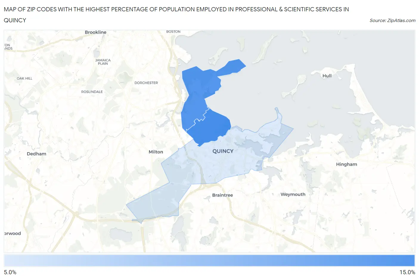 Zip Codes with the Highest Percentage of Population Employed in Professional & Scientific Services in Quincy Map