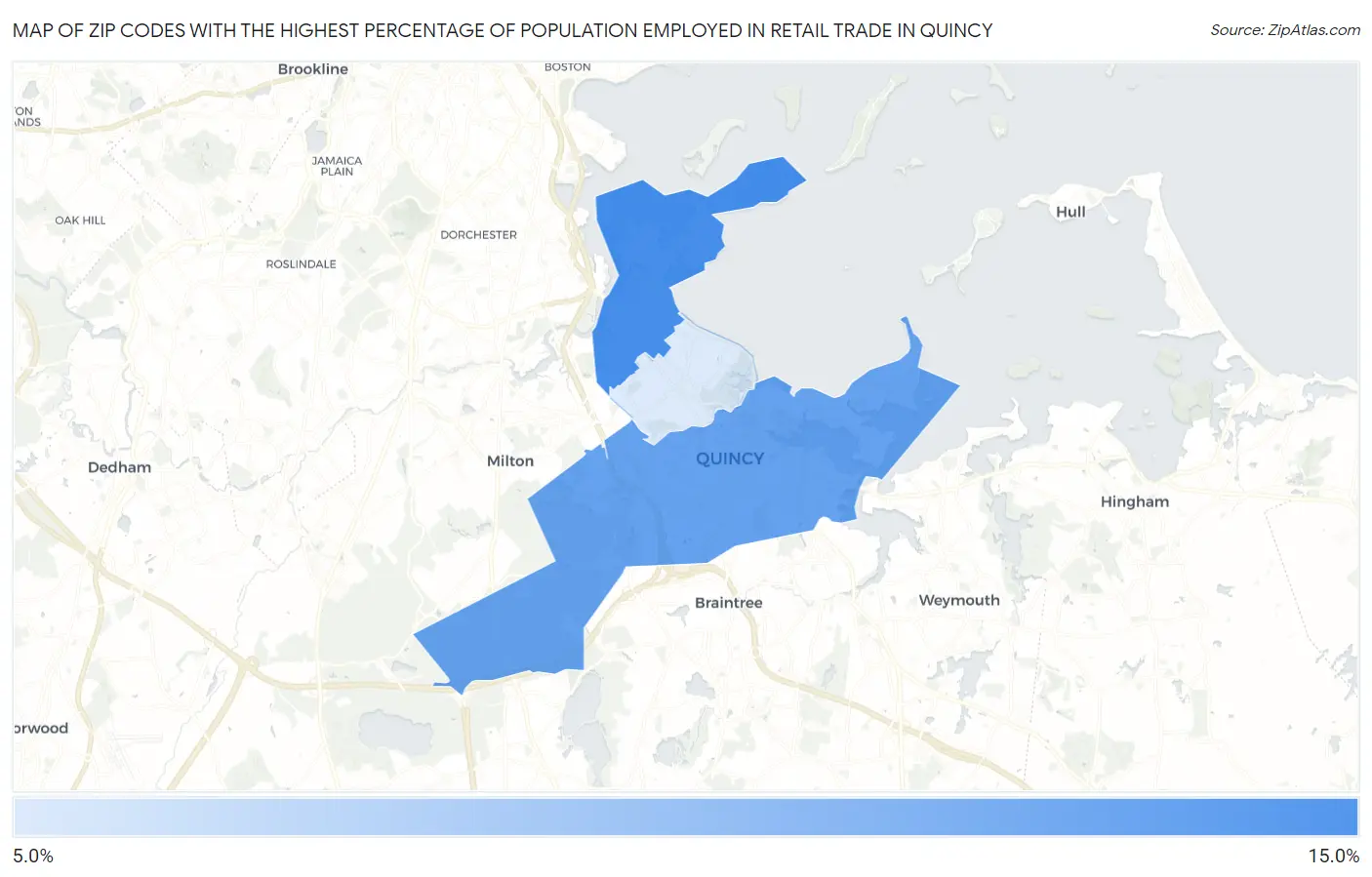 Zip Codes with the Highest Percentage of Population Employed in Retail Trade in Quincy Map