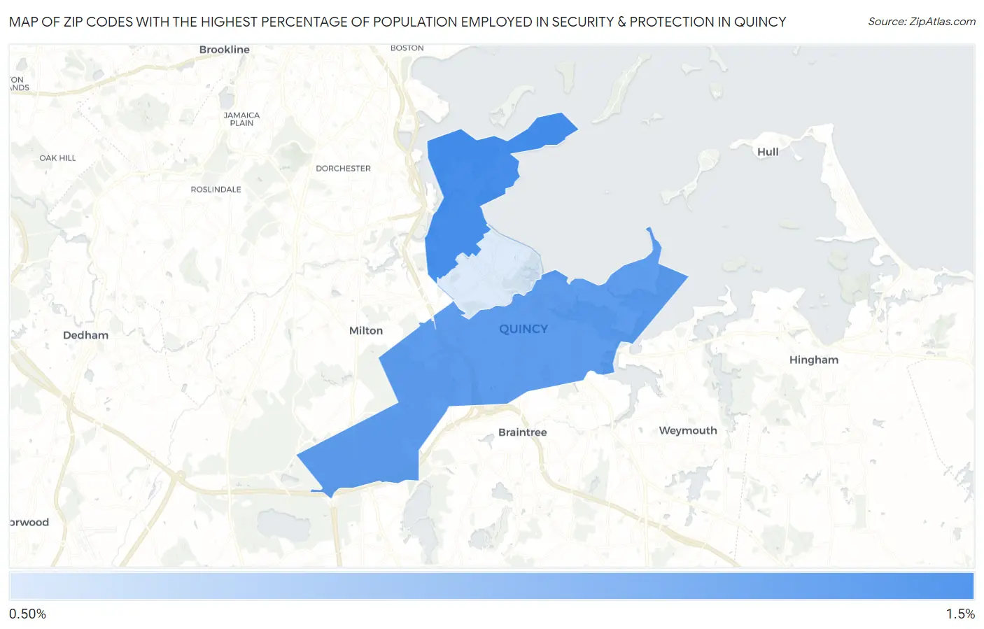 Zip Codes with the Highest Percentage of Population Employed in Security & Protection in Quincy Map