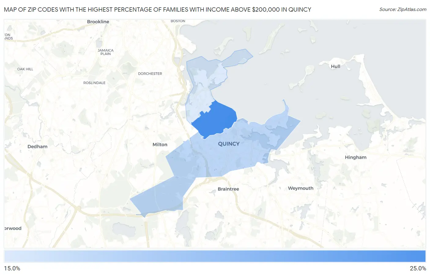Zip Codes with the Highest Percentage of Families with Income Above $200,000 in Quincy Map