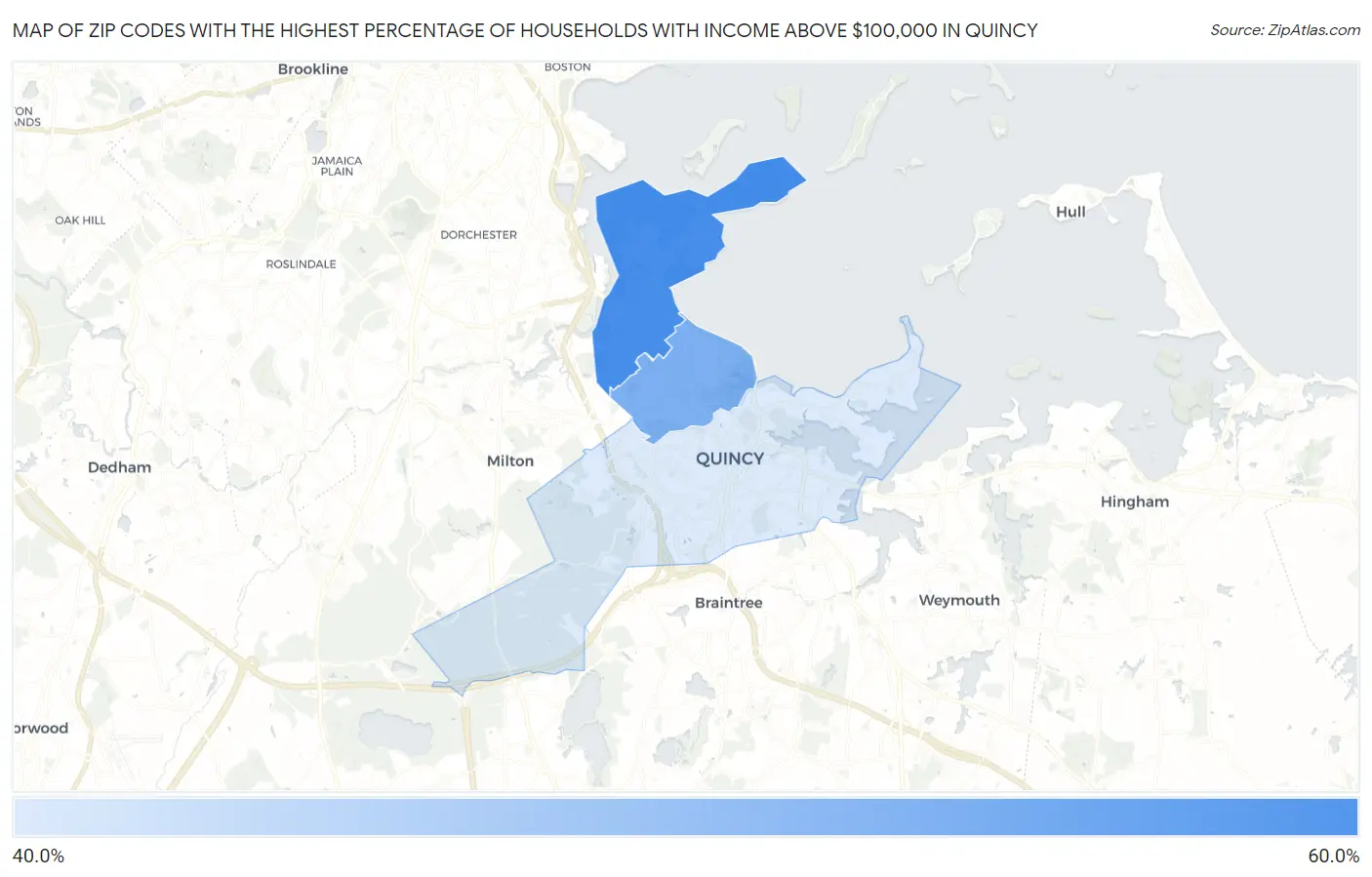 Zip Codes with the Highest Percentage of Households with Income Above $100,000 in Quincy Map