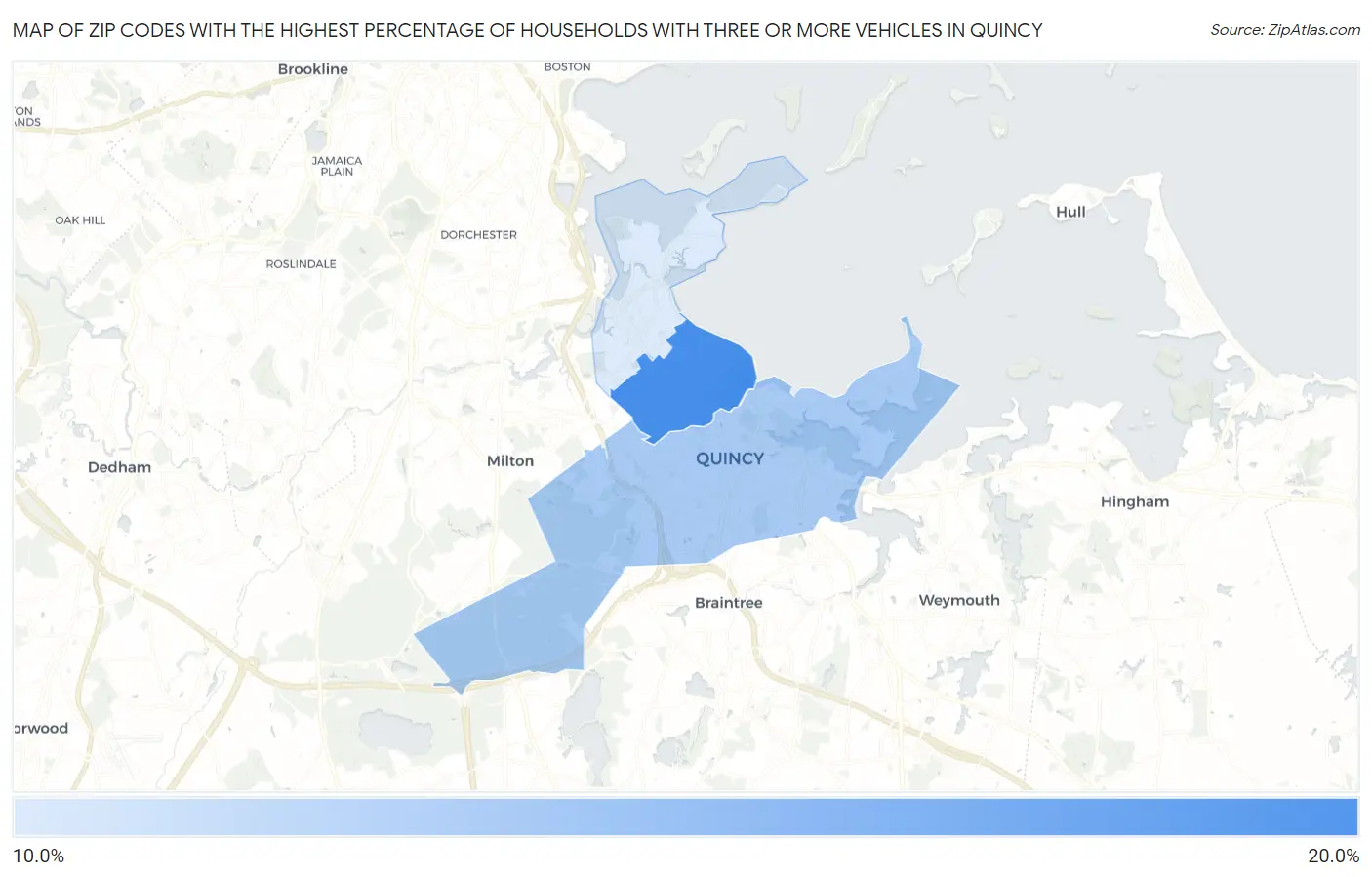 Zip Codes with the Highest Percentage of Households With Three or more Vehicles in Quincy Map