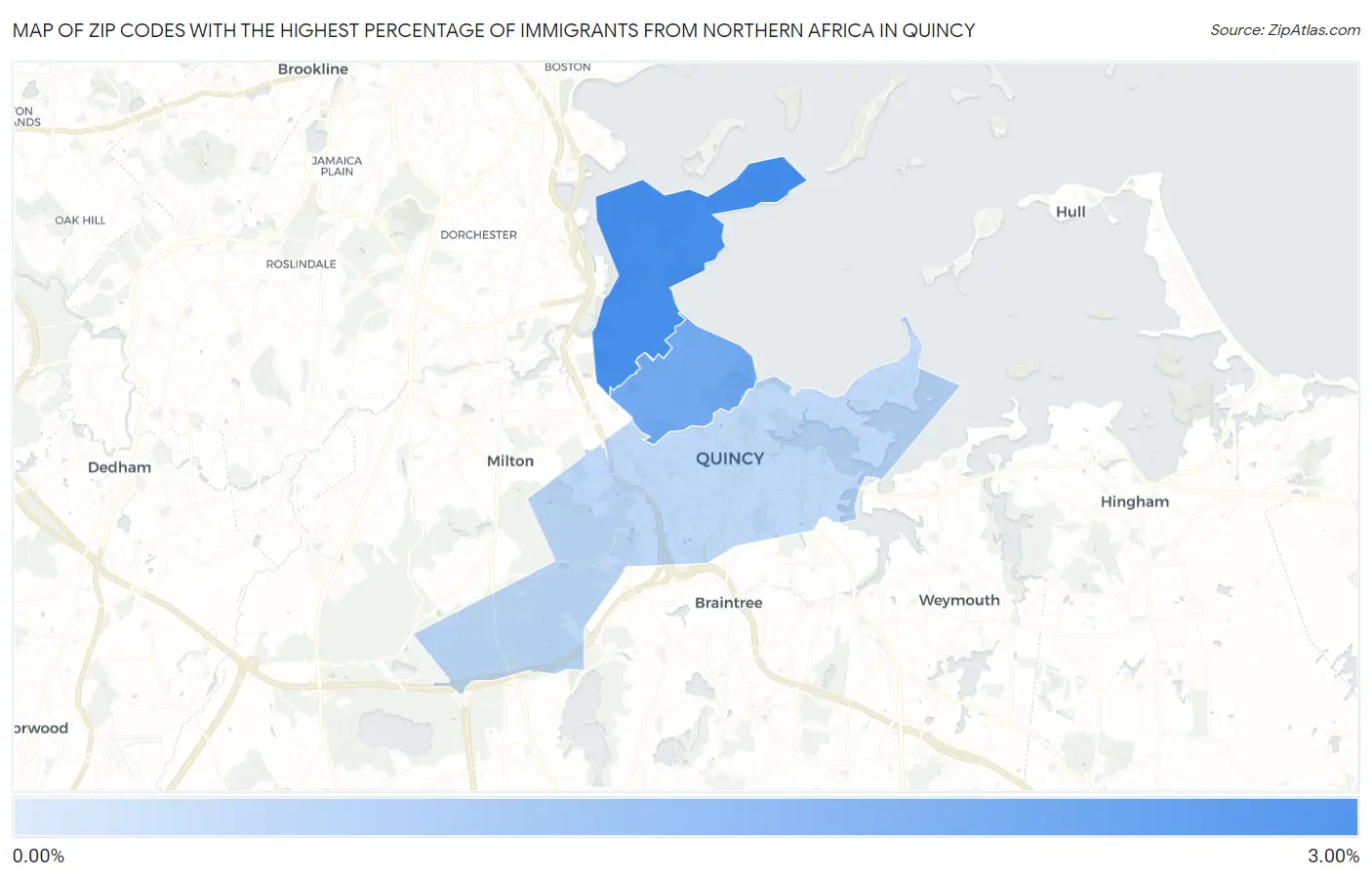 Zip Codes with the Highest Percentage of Immigrants from Northern Africa in Quincy Map