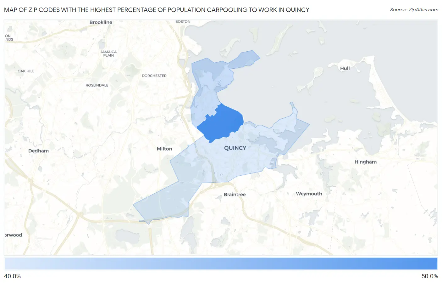 Zip Codes with the Highest Percentage of Population Carpooling to Work in Quincy Map