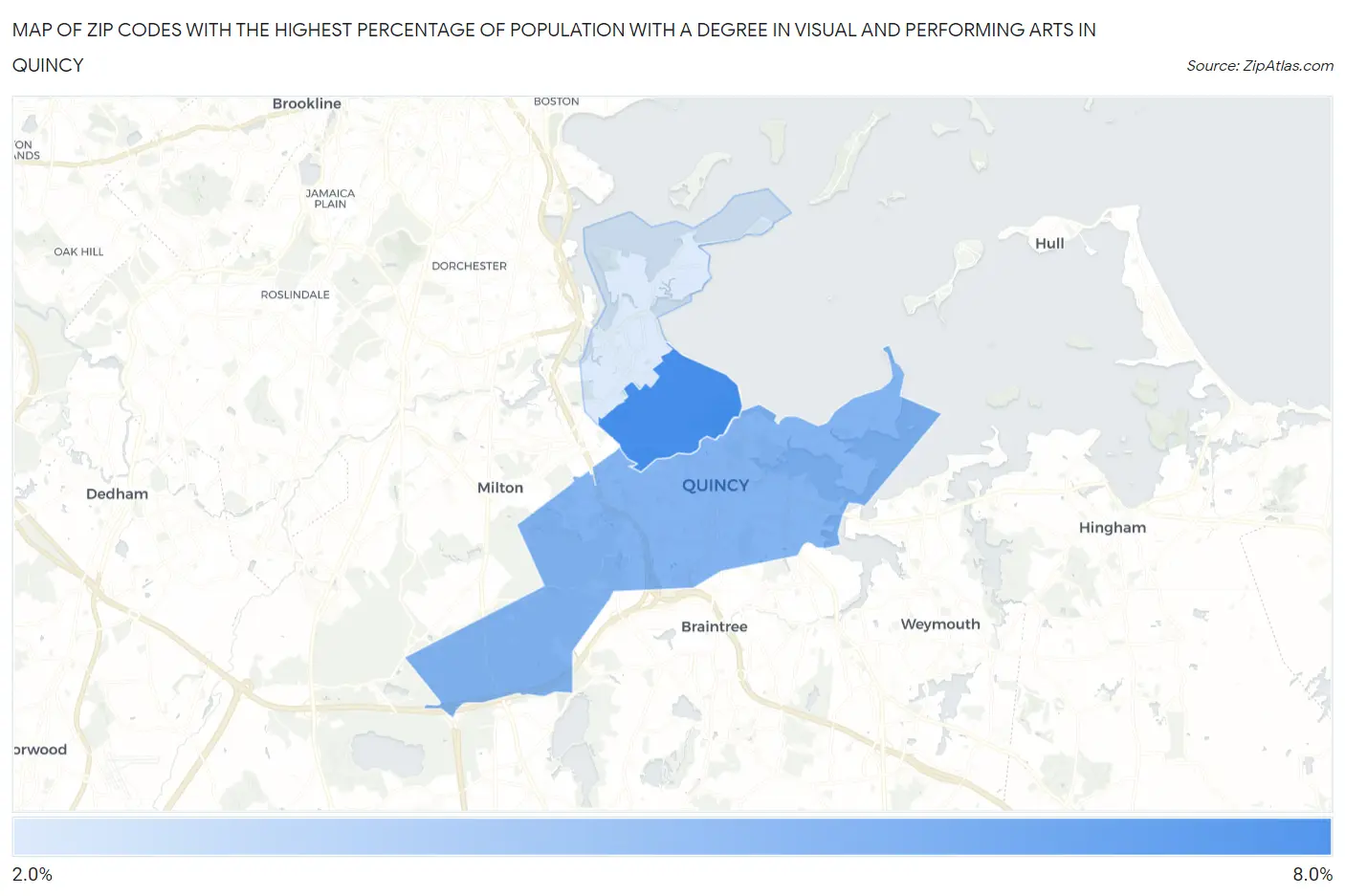 Zip Codes with the Highest Percentage of Population with a Degree in Visual and Performing Arts in Quincy Map
