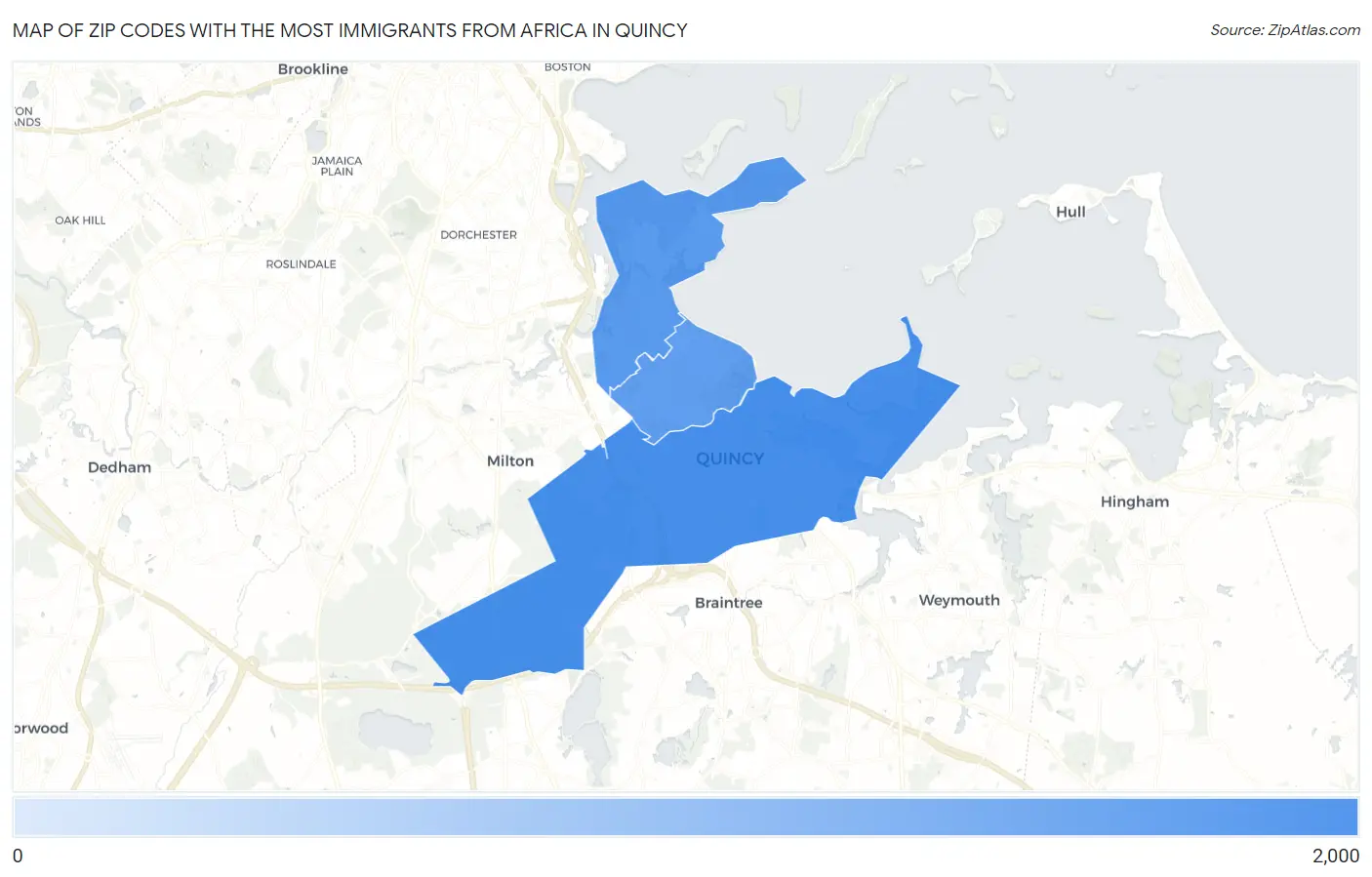 Zip Codes with the Most Immigrants from Africa in Quincy Map