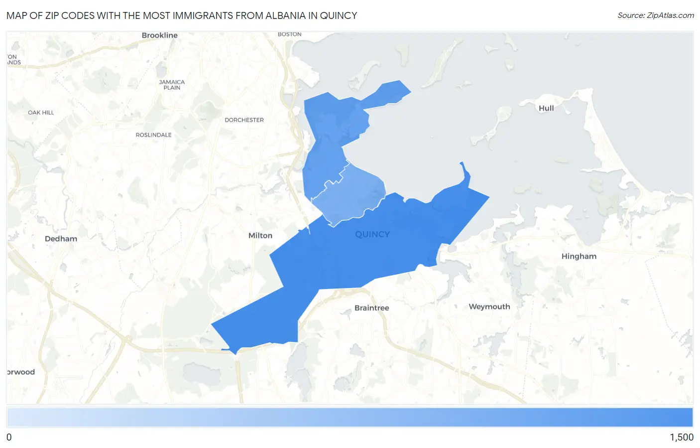 Zip Codes with the Most Immigrants from Albania in Quincy Map