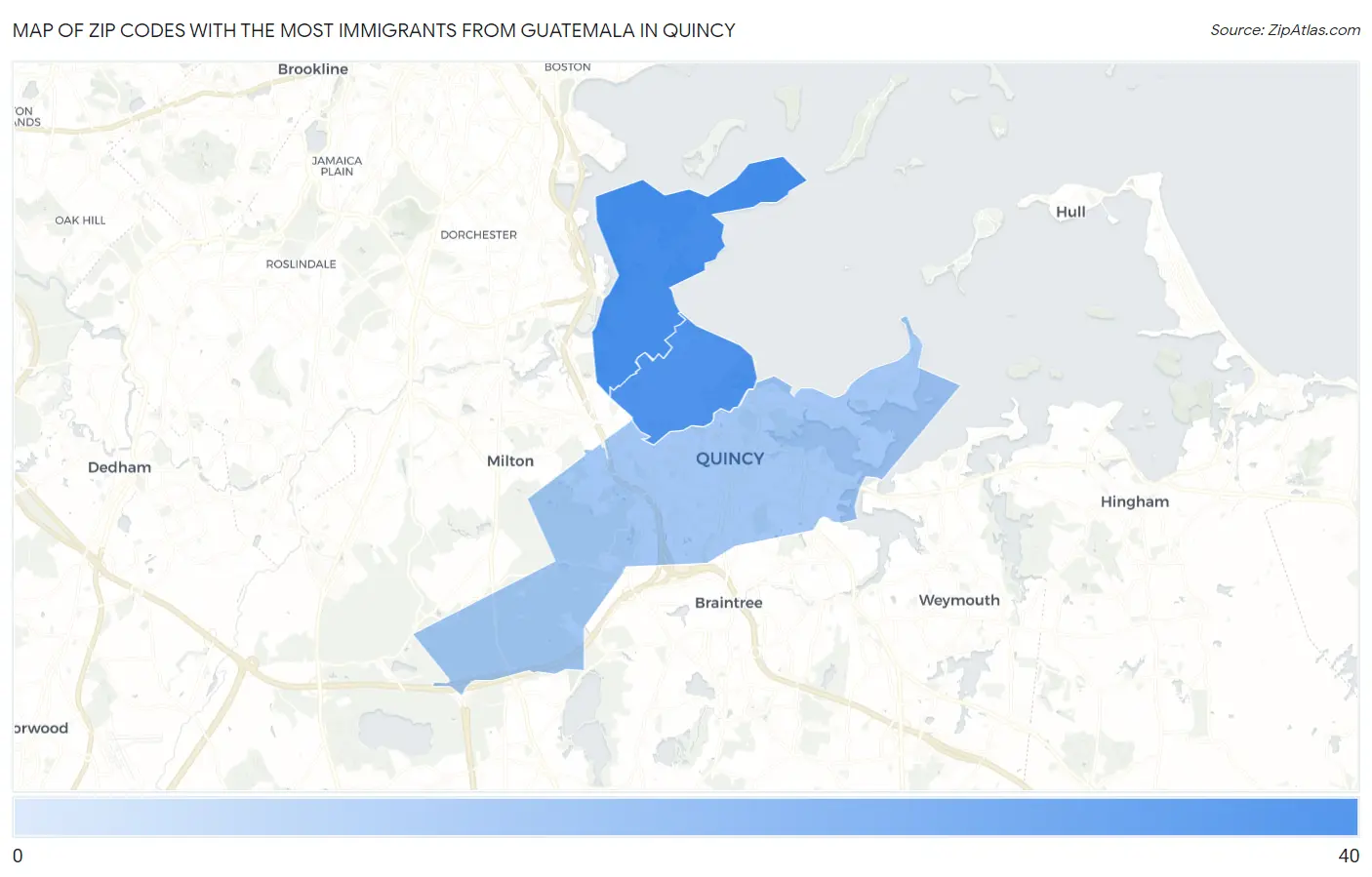 Zip Codes with the Most Immigrants from Guatemala in Quincy Map