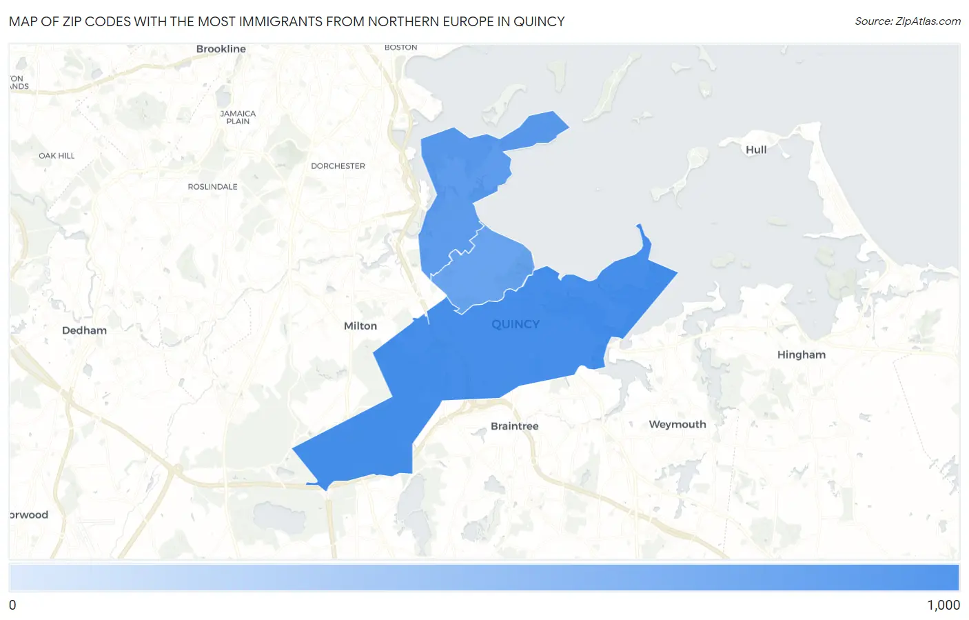 Zip Codes with the Most Immigrants from Northern Europe in Quincy Map