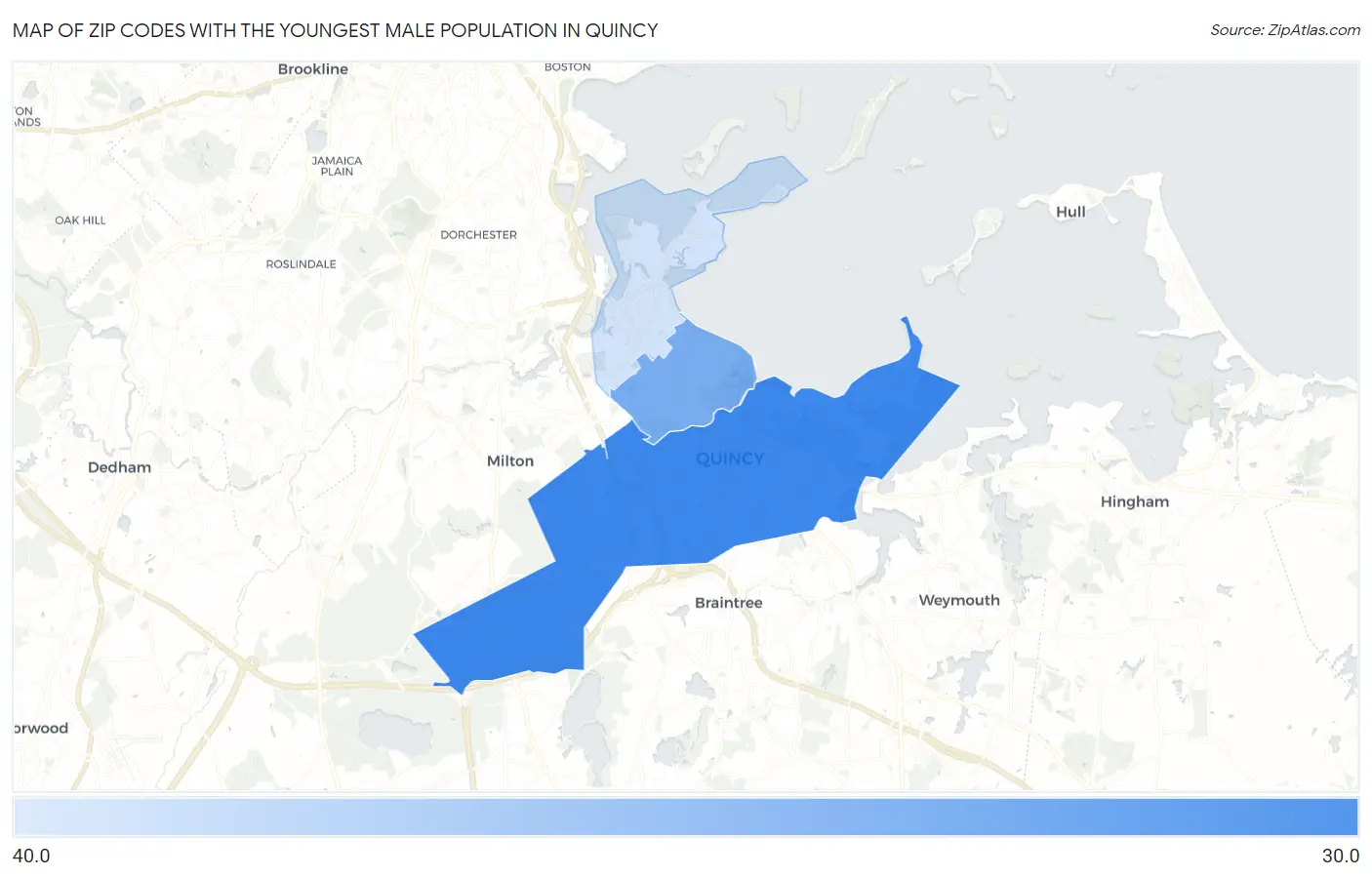 Zip Codes with the Youngest Male Population in Quincy Map