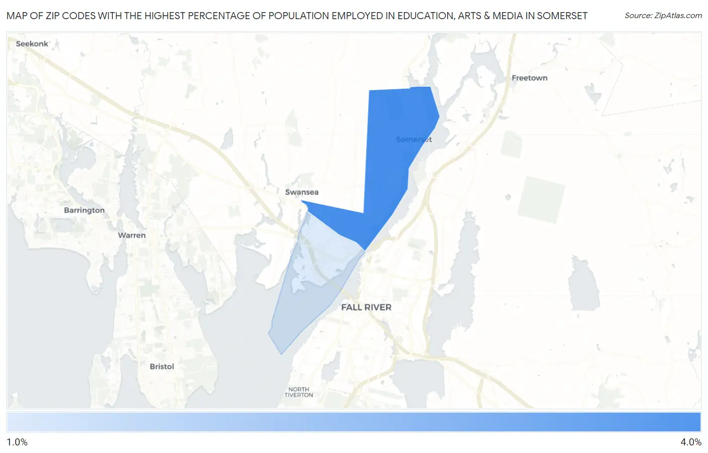 Zip Codes with the Highest Percentage of Population Employed in Education, Arts & Media in Somerset Map