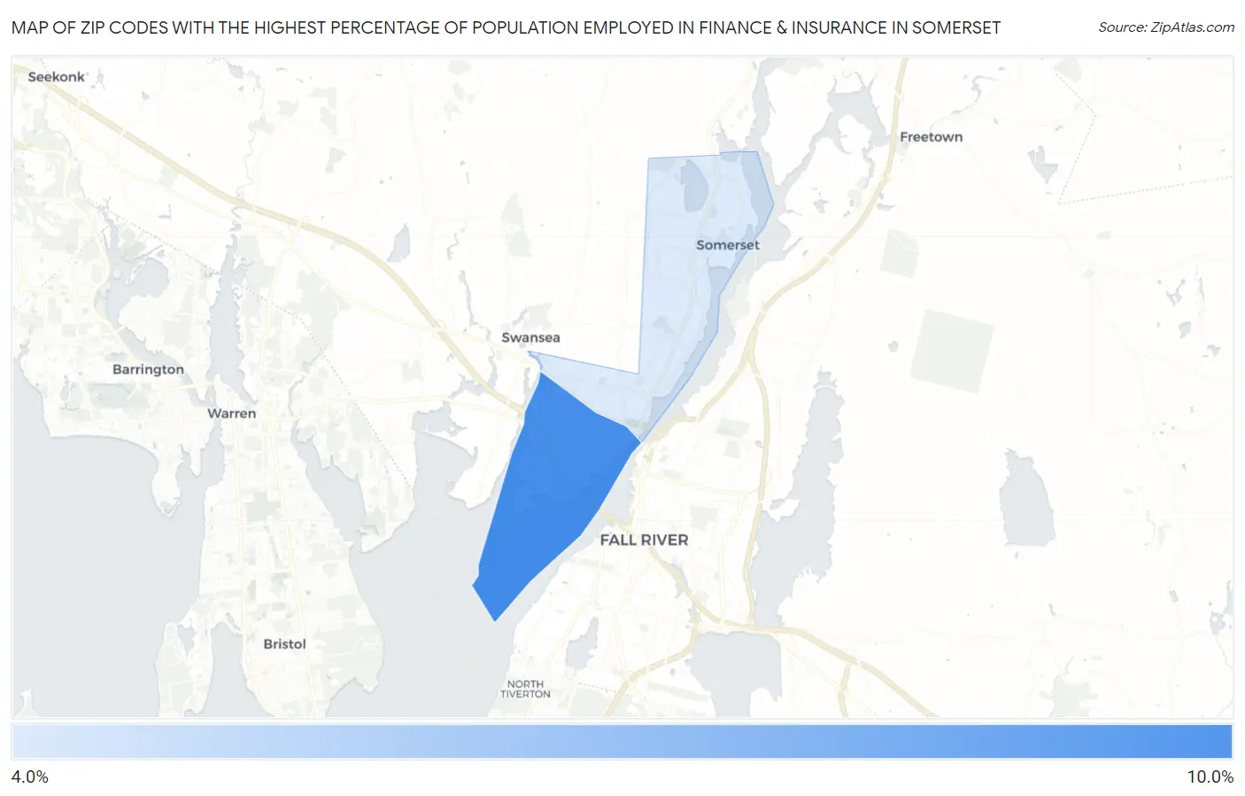 Zip Codes with the Highest Percentage of Population Employed in Finance & Insurance in Somerset Map