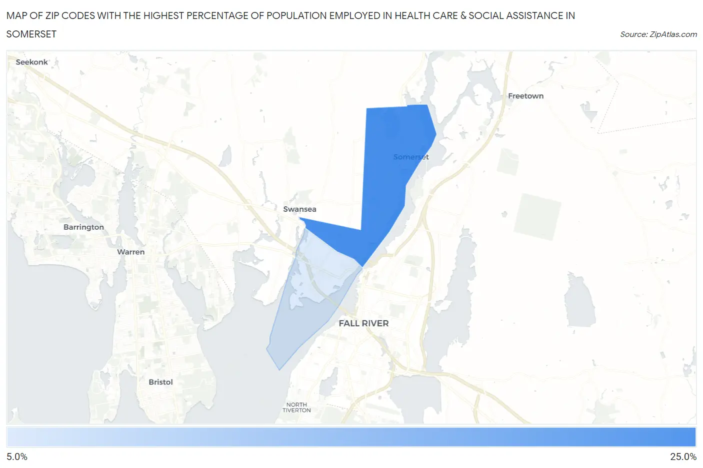 Zip Codes with the Highest Percentage of Population Employed in Health Care & Social Assistance in Somerset Map