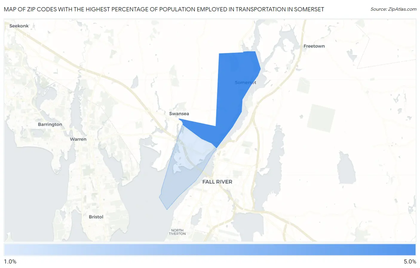 Zip Codes with the Highest Percentage of Population Employed in Transportation in Somerset Map