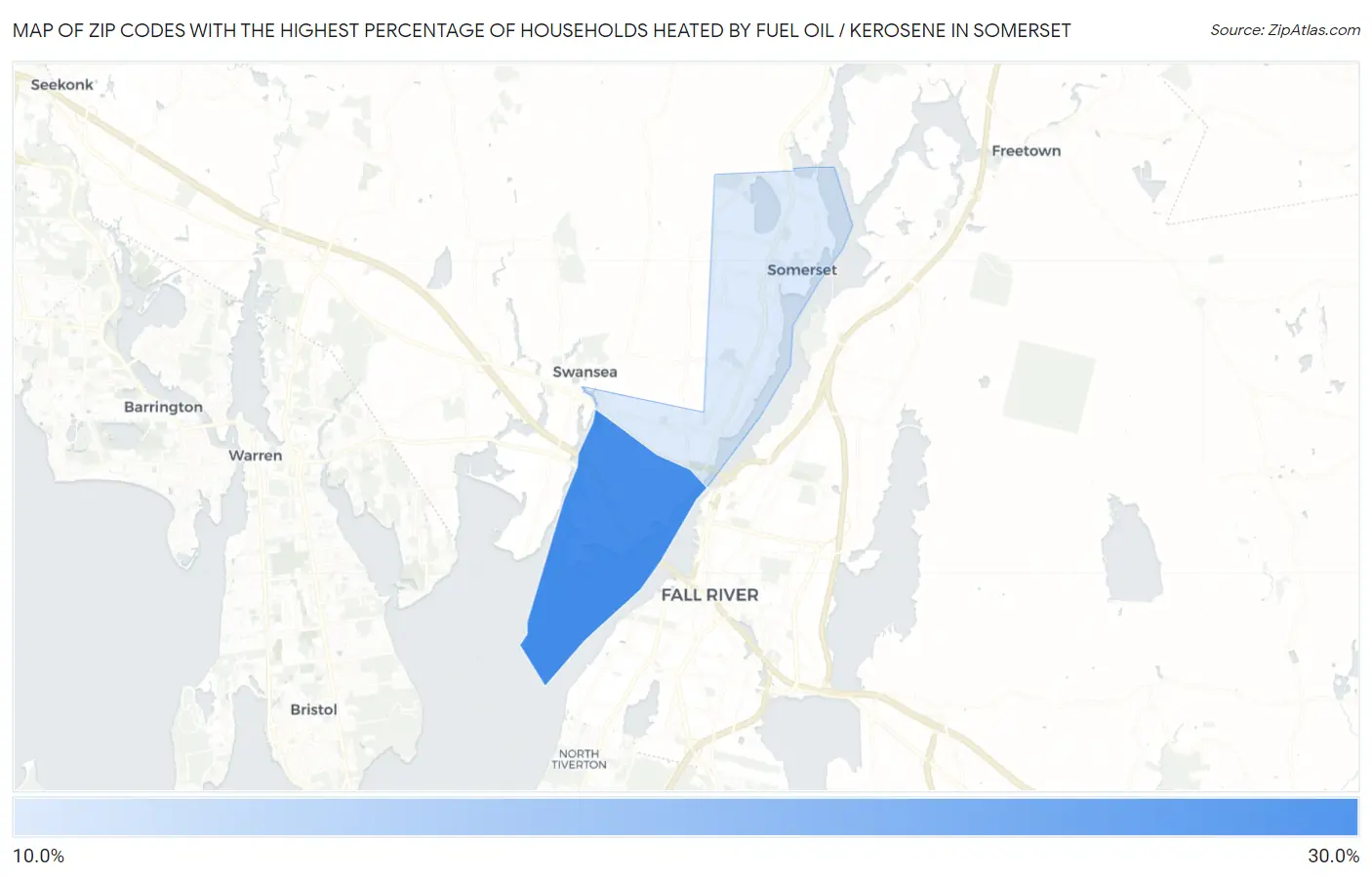 Zip Codes with the Highest Percentage of Households Heated by Fuel Oil / Kerosene in Somerset Map